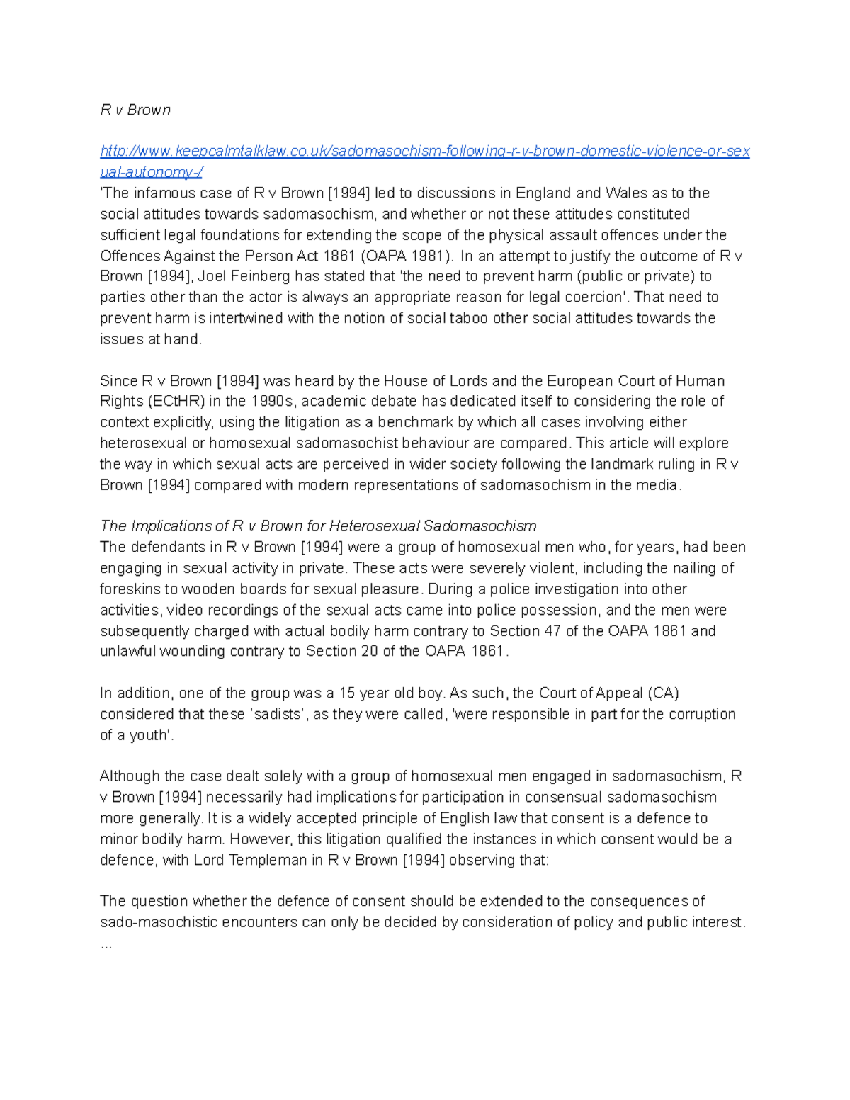 R v Brown (Research) R v Brown Studocu