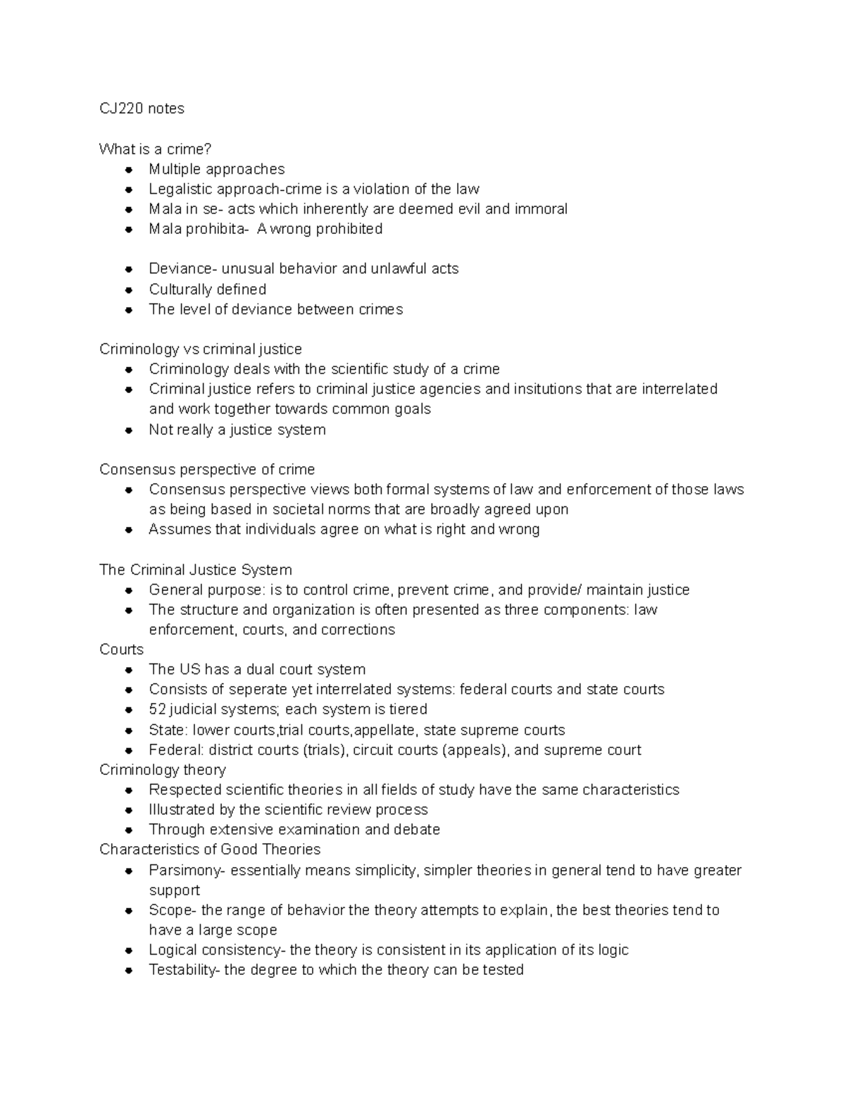 CJ220 notes chp 1 and 2 - CJ220 notes What is a crime? Multiple ...