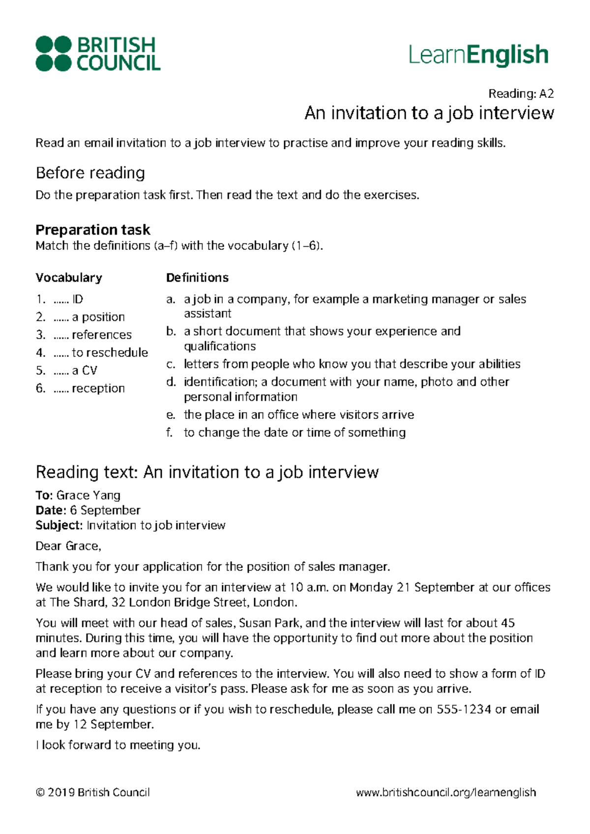 Learn English Reading A2 An invitation to a job interview Reading A