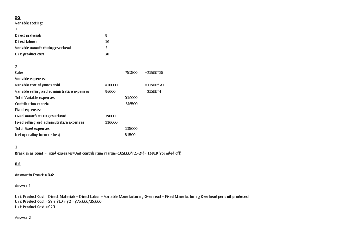 Chapter 8 Solns 8 Variable costing 1 Direct materials 8 Direct