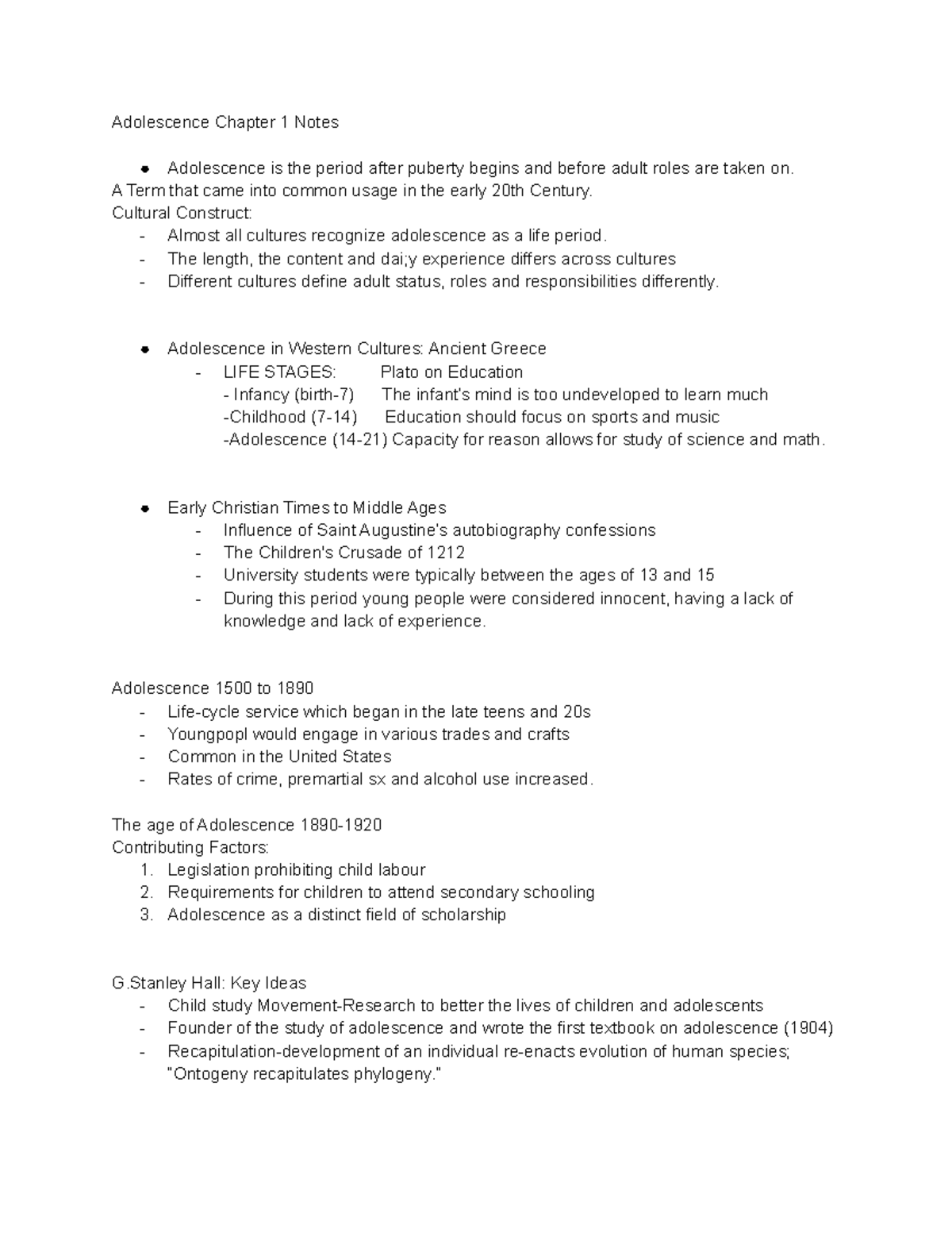 Chapter 1 History notes - Adolescence Chapter 1 Notes Adolescence is ...