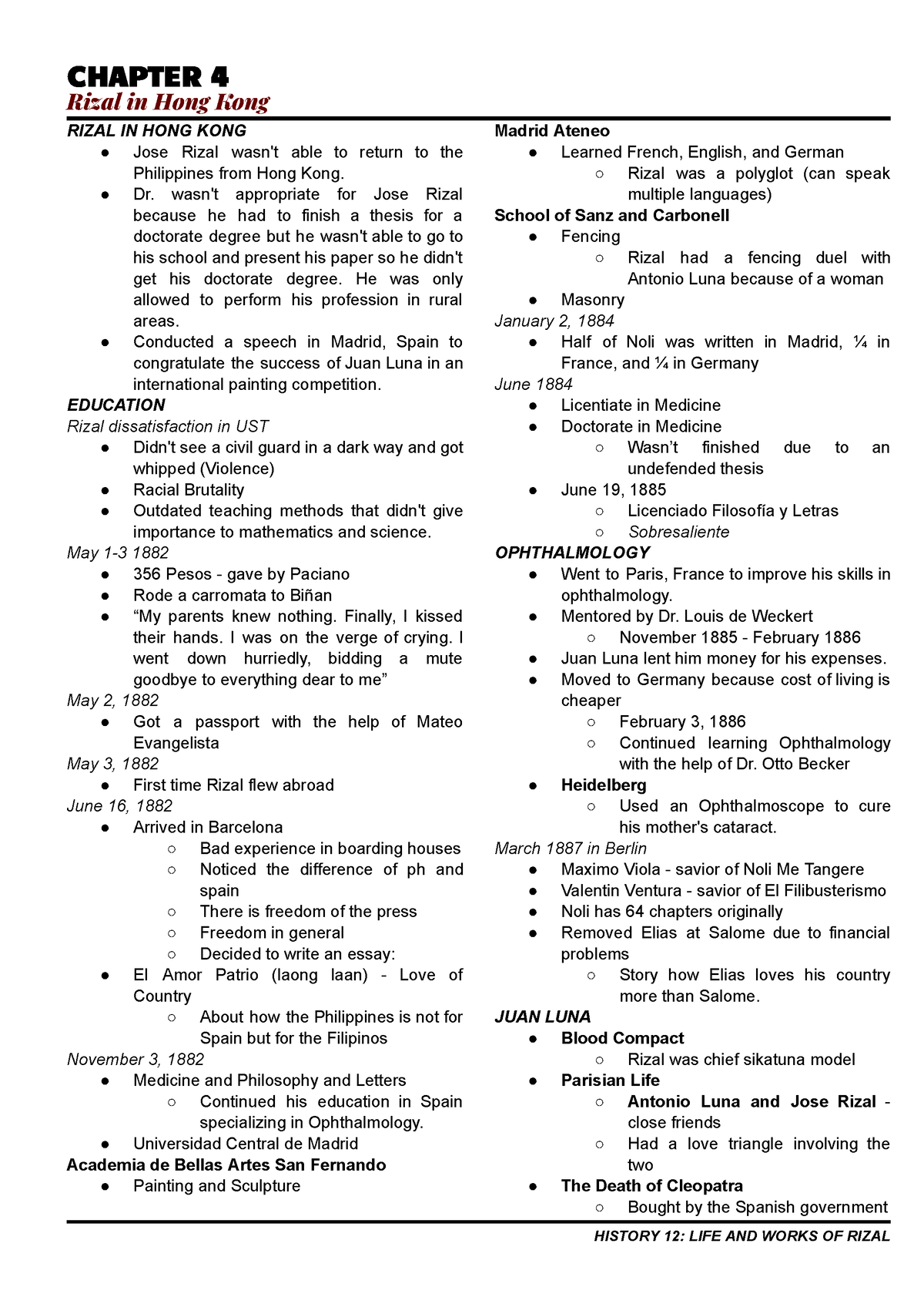 Rizalm - Lecture Notes - Chapter 4 Rizal In Hong Kong Rizal In Hong 