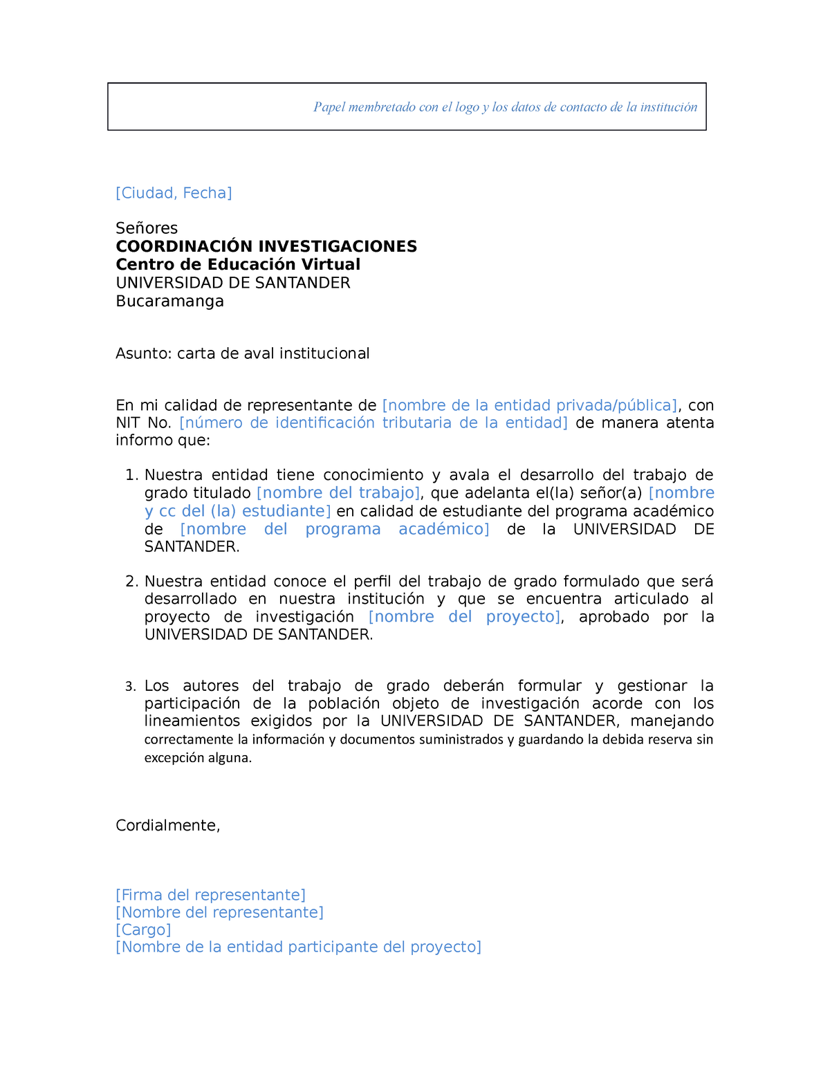 Formato Carta Aval - Papel membretado con el logo y los datos de contacto  de la institución [Ciudad, - Studocu