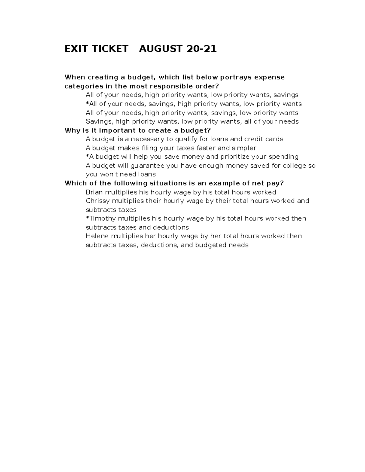 EXIT+ Ticket+ Budgeting+ Basics - EXIT TICKET AUGUST 20- When creating ...