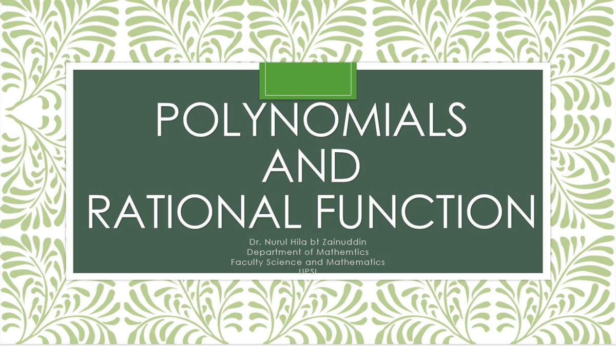 Chapter 7 Polynomials and Rational Function - POLYNOMIALS AND RATIONAL ...