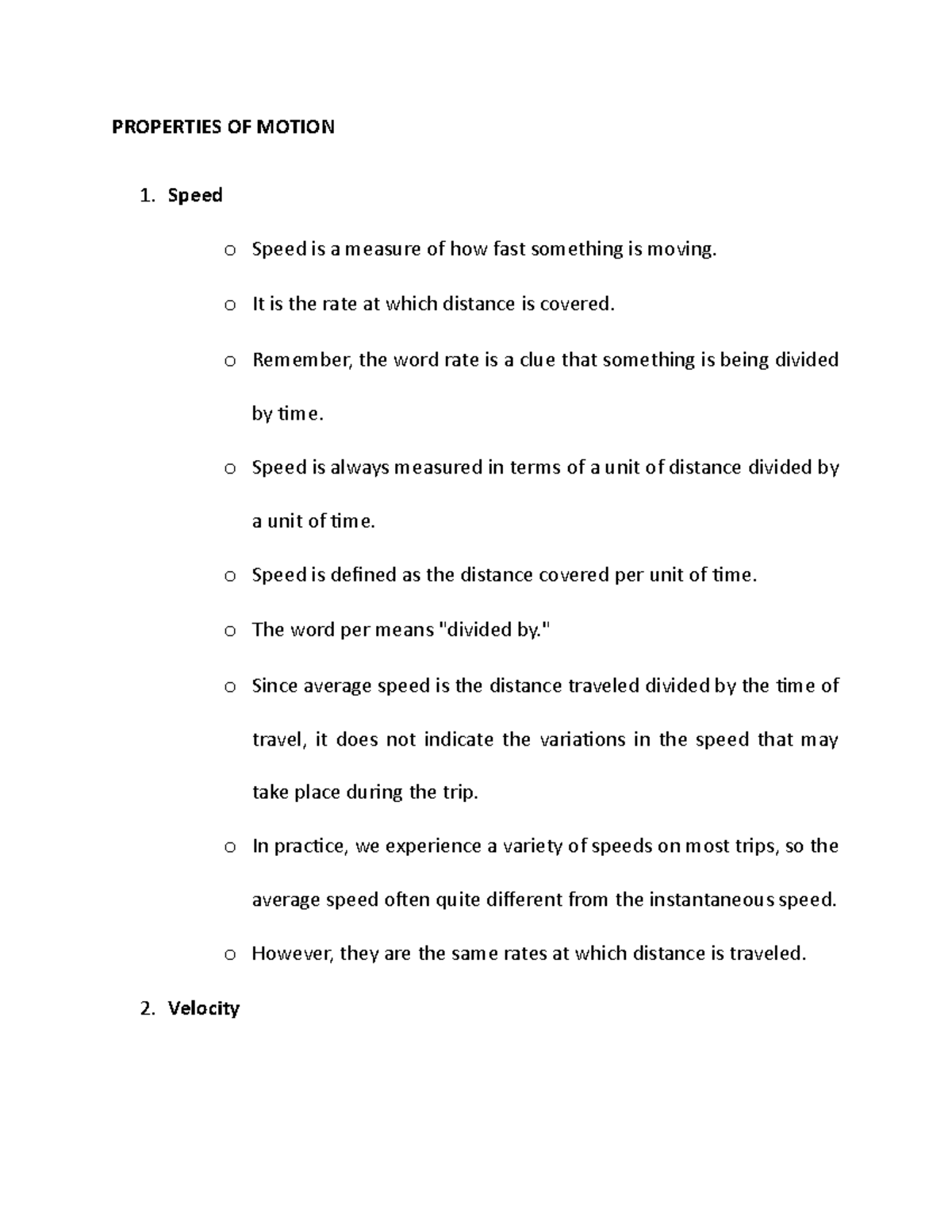 Properties OF Motion - PROPERTIES OF MOTION Speed o Speed is a measure ...