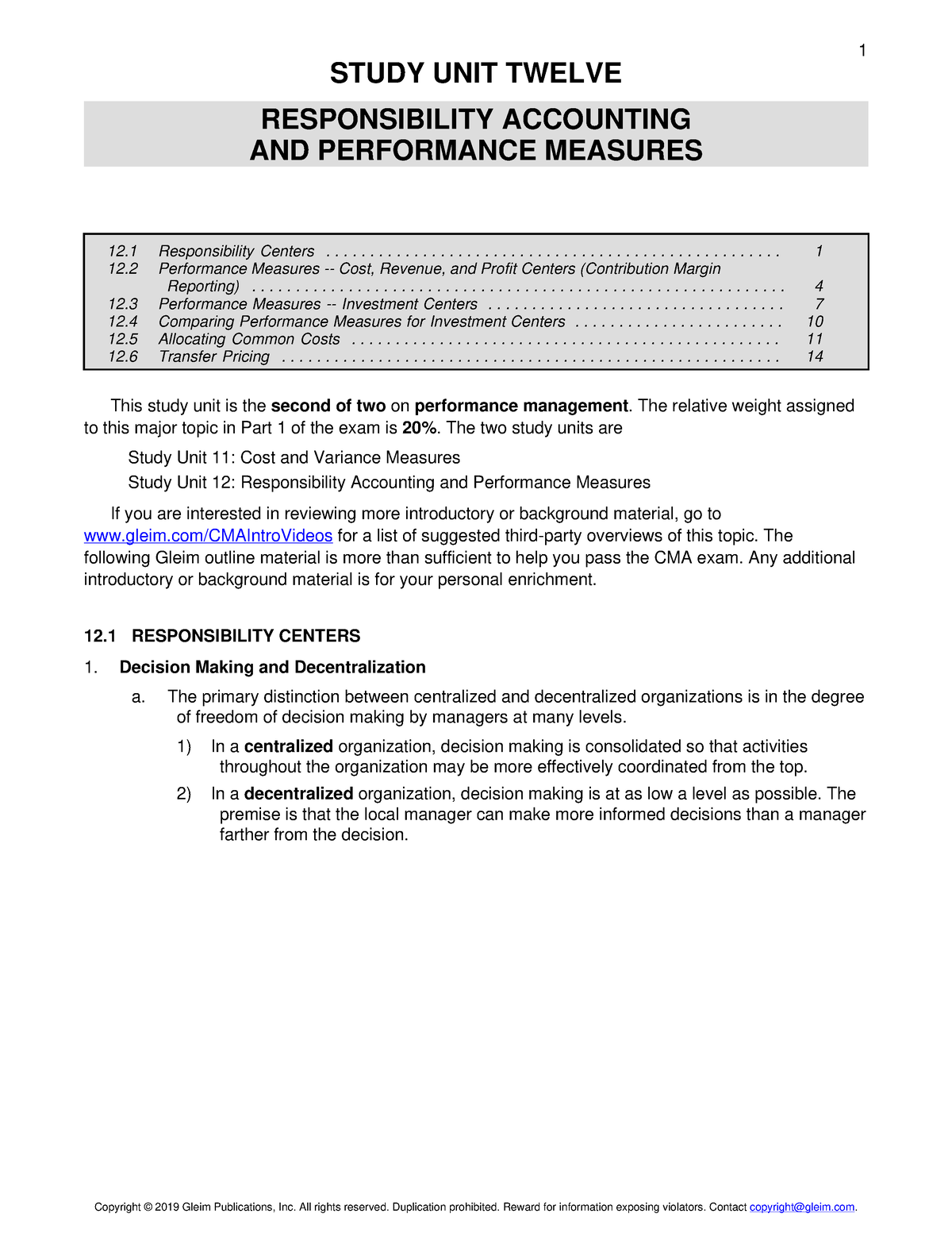 Responsibility Acounting and Prformance measures - 1 STUDY UNIT TWELVE ...