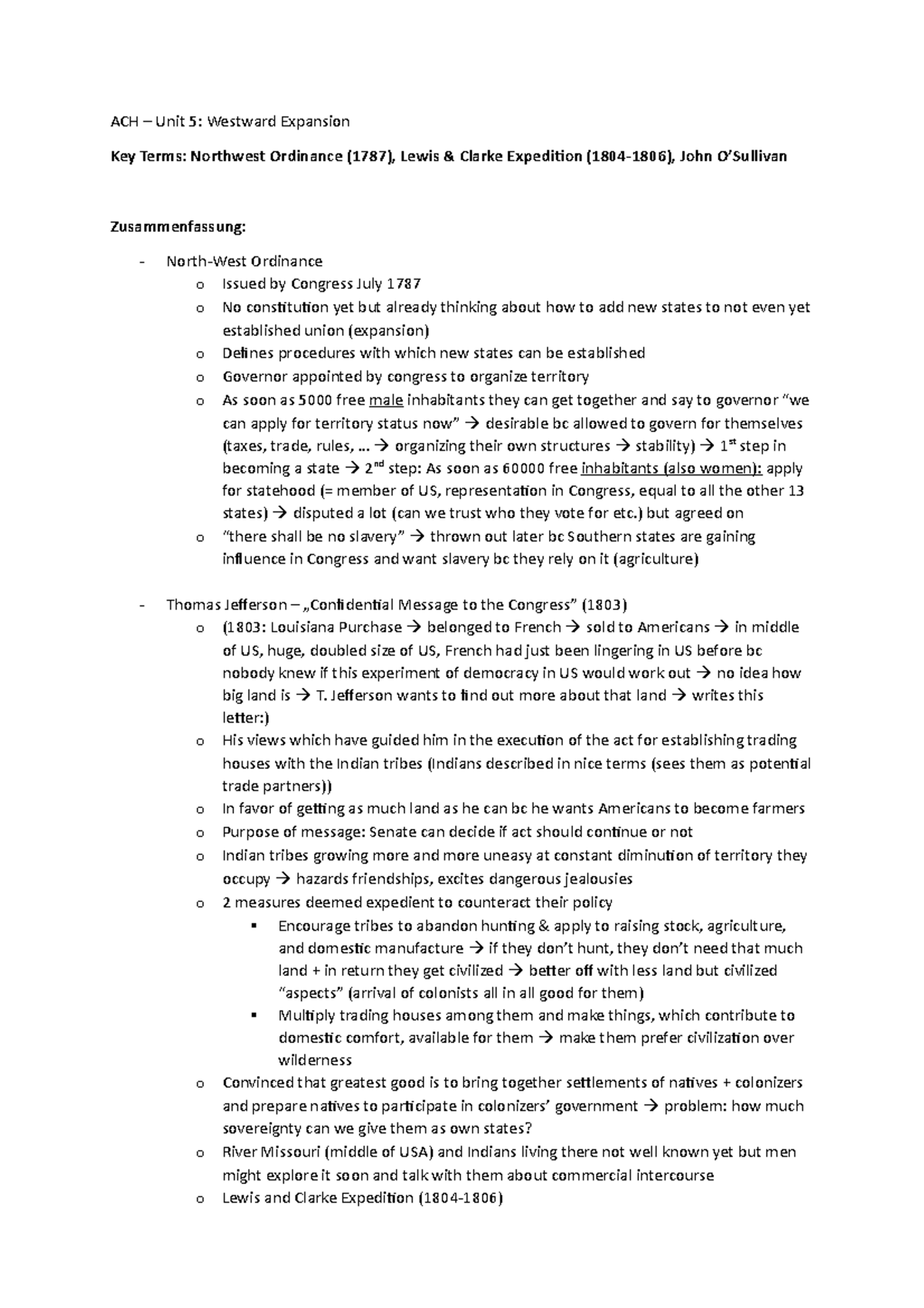 Unit 5 Zusammenfassung und Study Questions ACH Unit 5 Westward