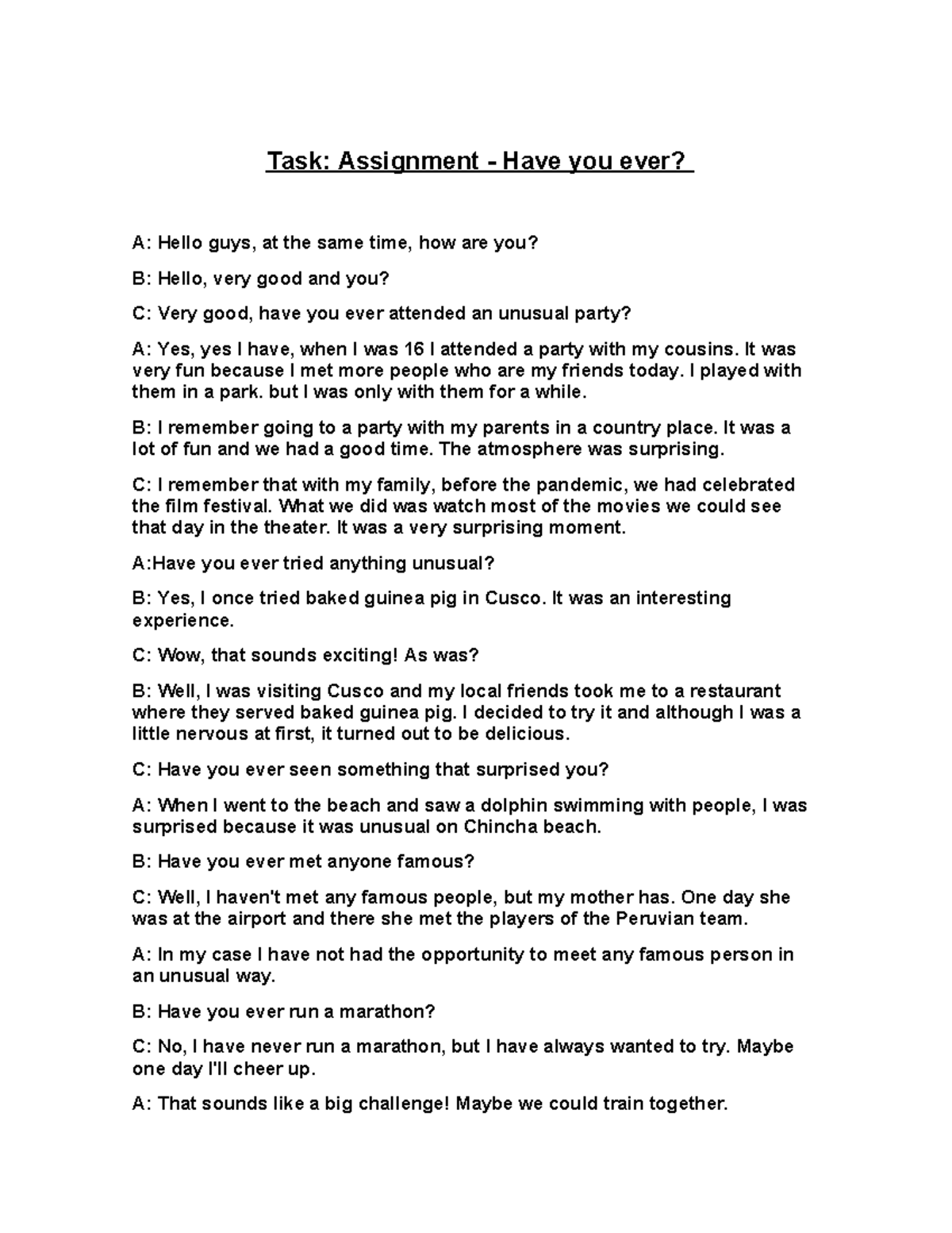 Week 08 - Task - Assignment - have you ever (PA) - Task: Assignment ...