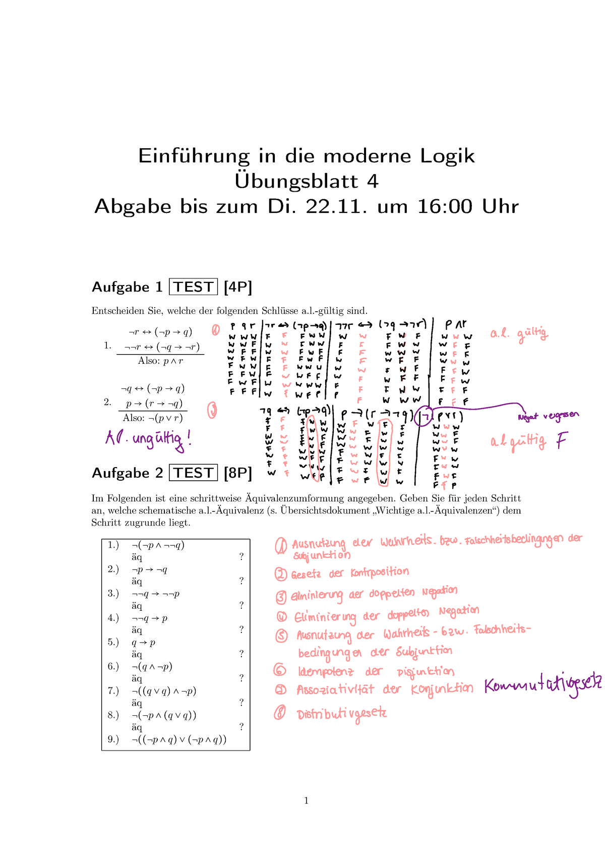 Übungsblatt 5 - Einführung In Die Moderne Logik Übungsblatt 4 Abgabe ...