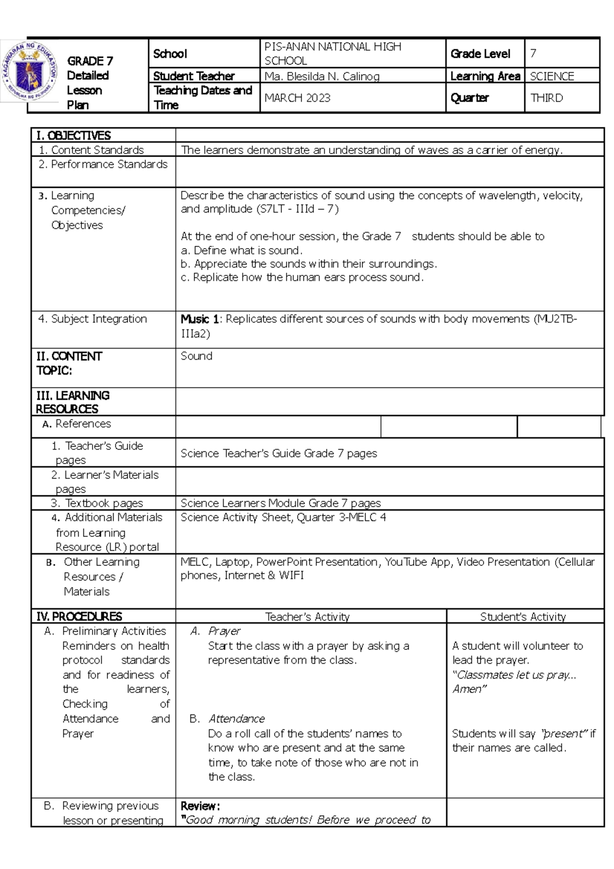 DLP ( Sound) Part 1 - detailed lesson plan - GRADE 7 Detailed Lesson ...