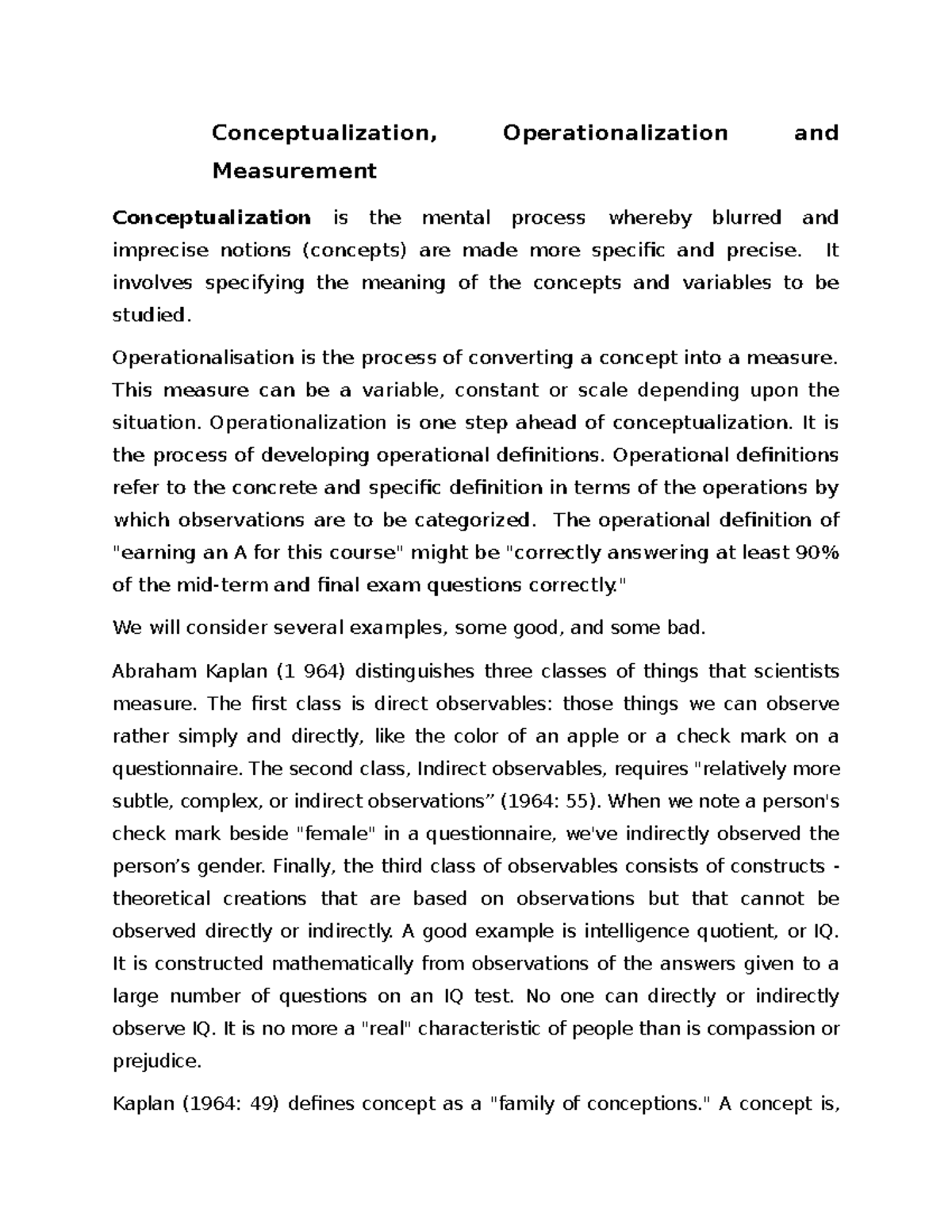 Operationalisation - Lecture notes 1 - Conceptualization ...