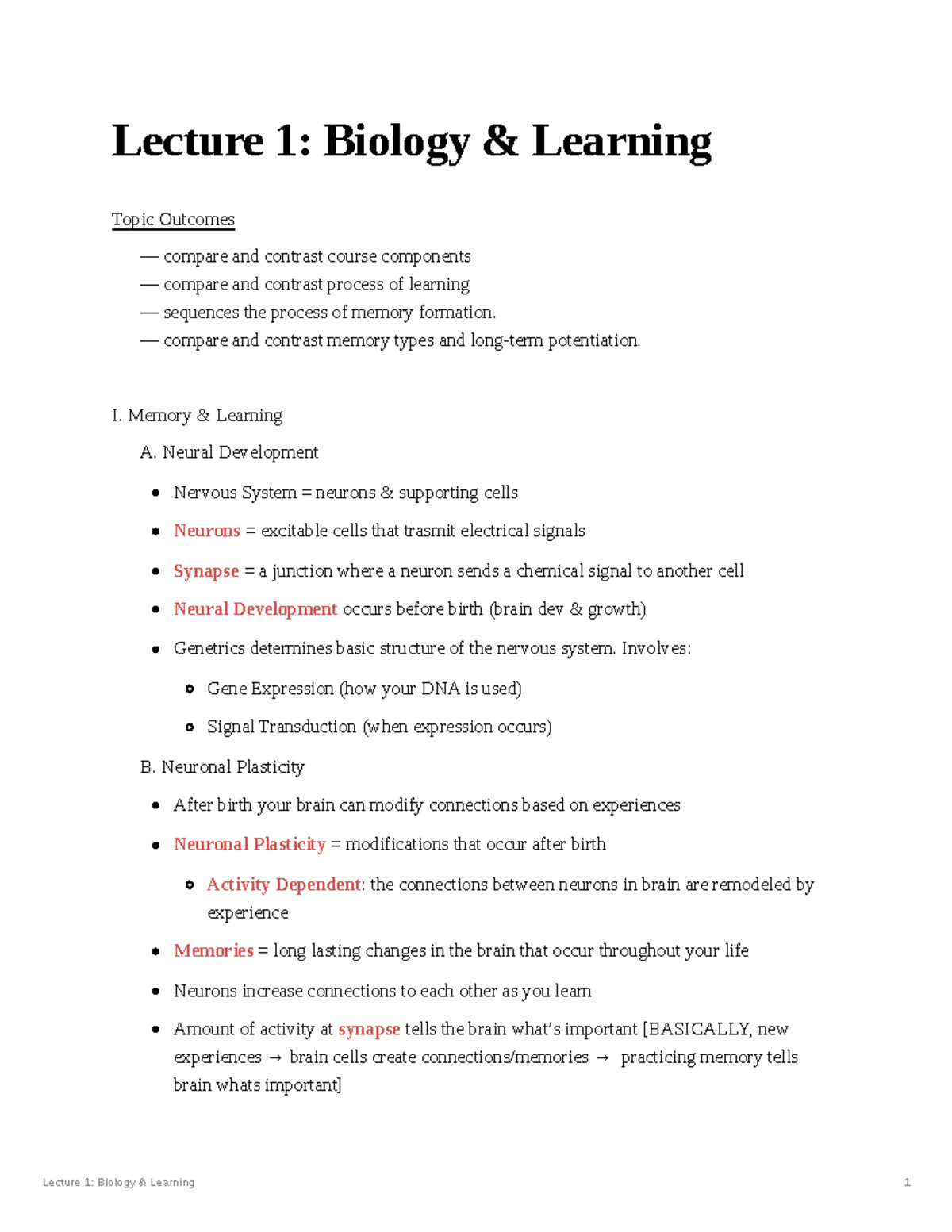 Lecture 1 Biology & Learning - Lecture 1: Biology & Learning 1 Lecture ...