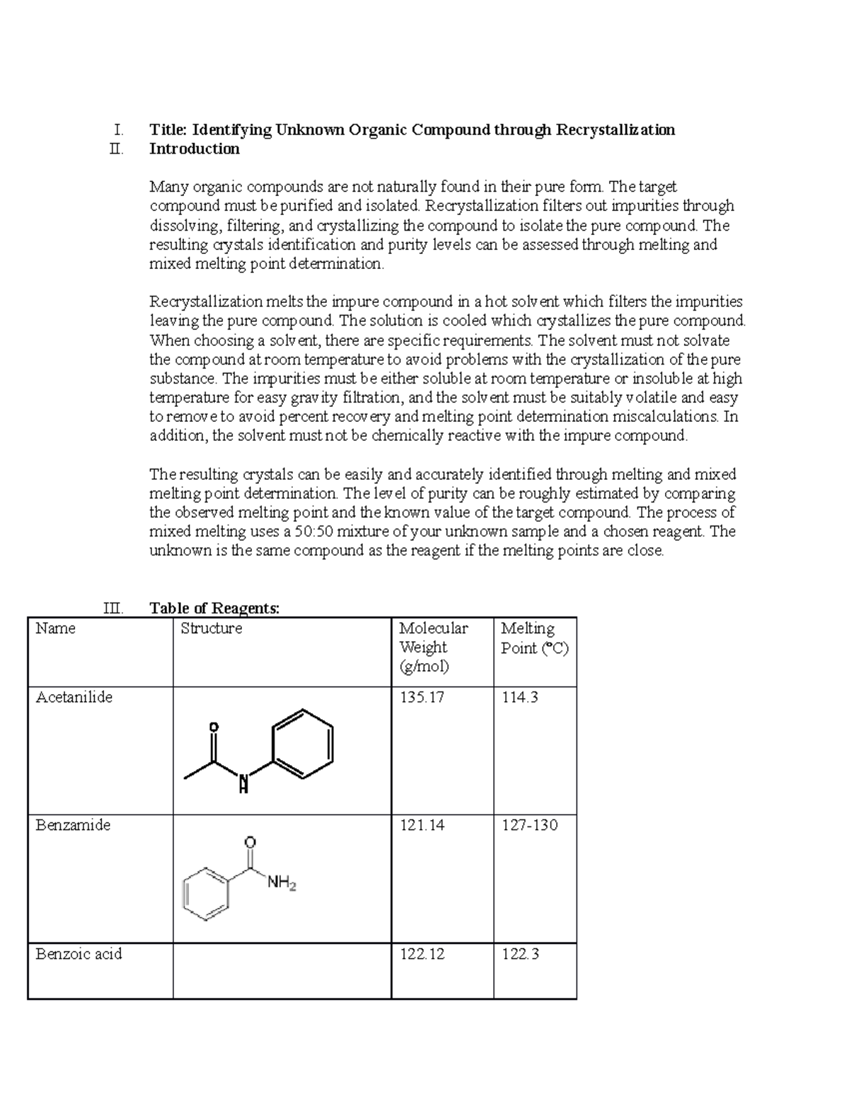 CHEM 2211L prelab 1 - Recrystallization pre lab - I. Title: Identifying ...