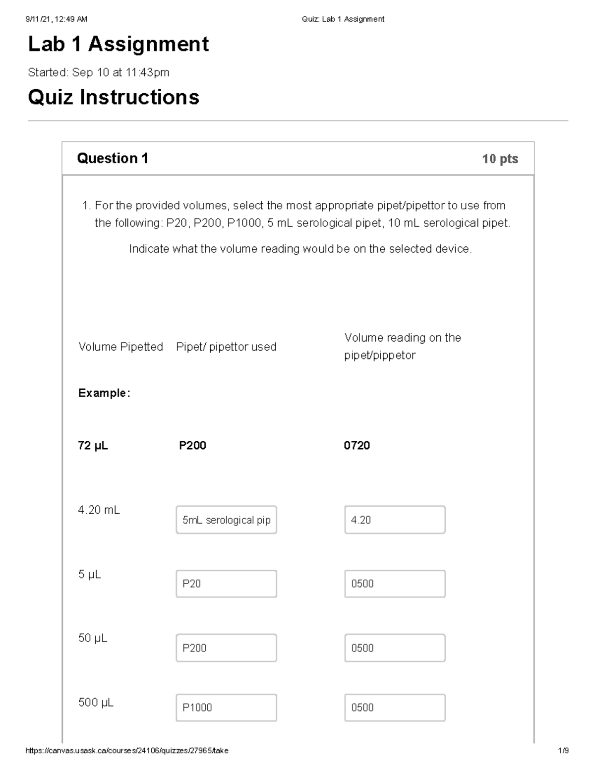 Quiz Lab 1 Assignment - Lab 1 Assignment Started: Sep 10 at 11:43pm ...