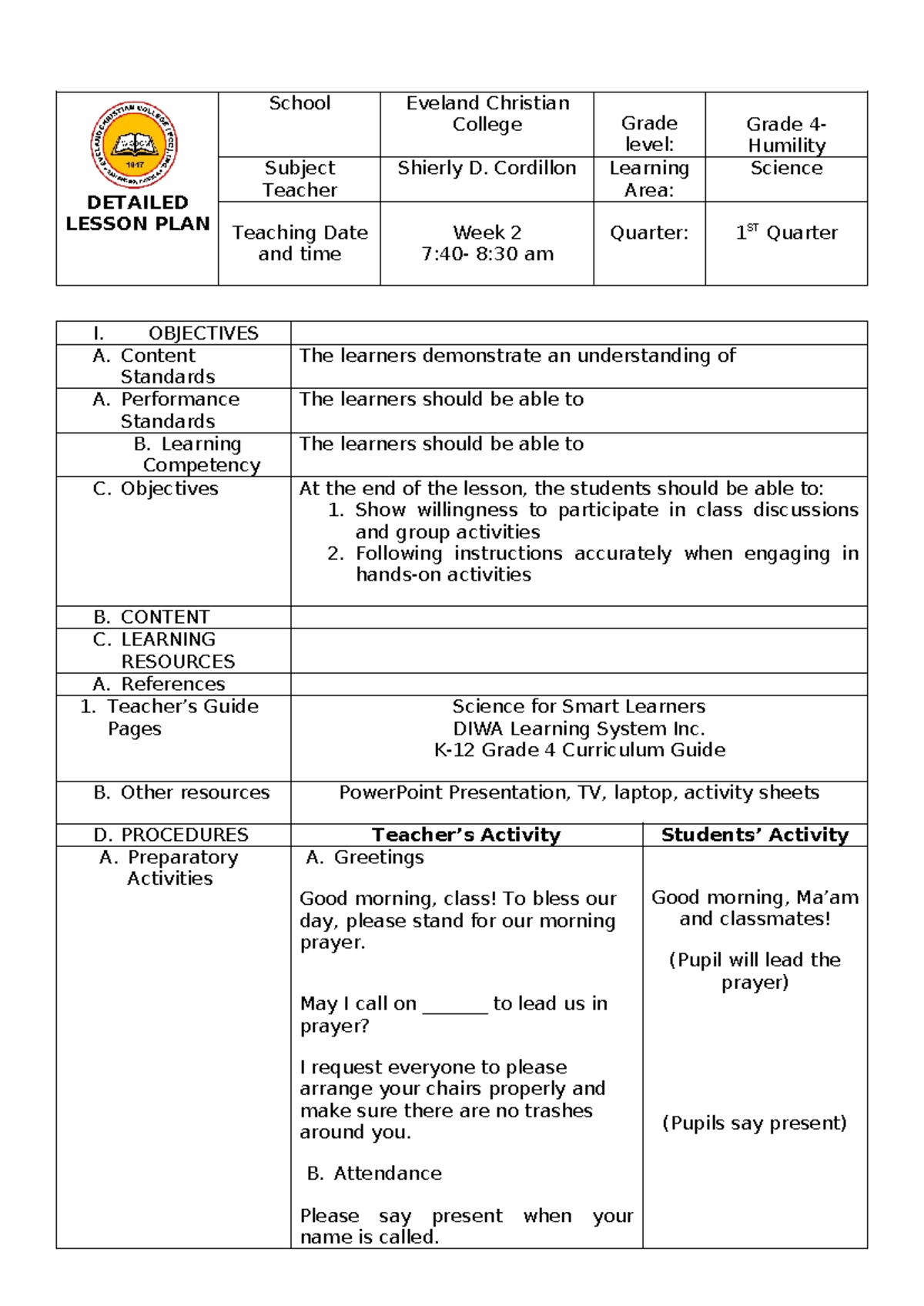 Science 5 Quarter 1 WEEK 3 - DETAILED LESSON PLAN School Eveland ...