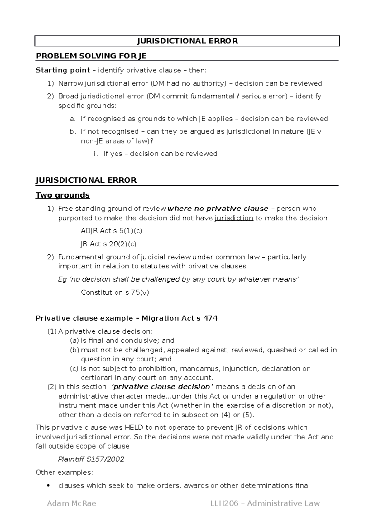 8.0 Jurisdictional Error JURISDICTIONAL ERROR PROBLEM SOLVING FOR JE