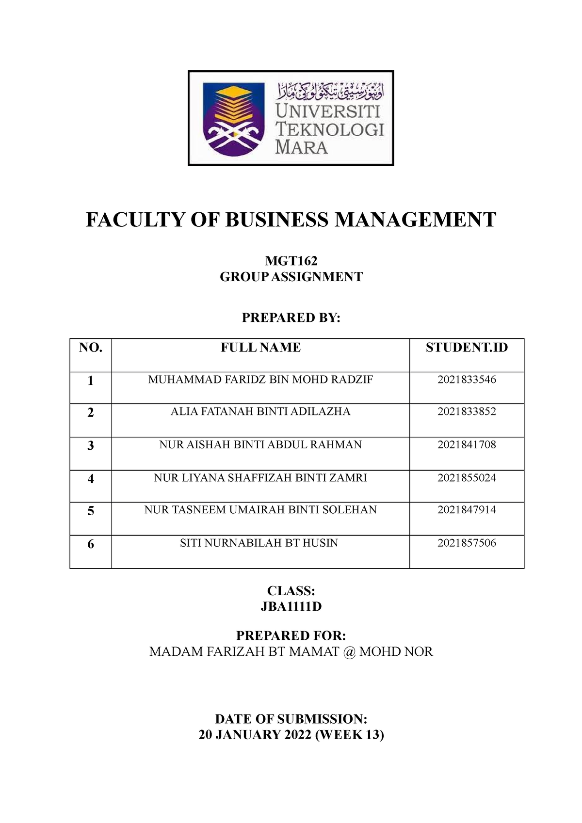 MGT Group Assginment Group 6 - FACULTY OF BUSINESS MANAGEMENT MGT GROUP ...