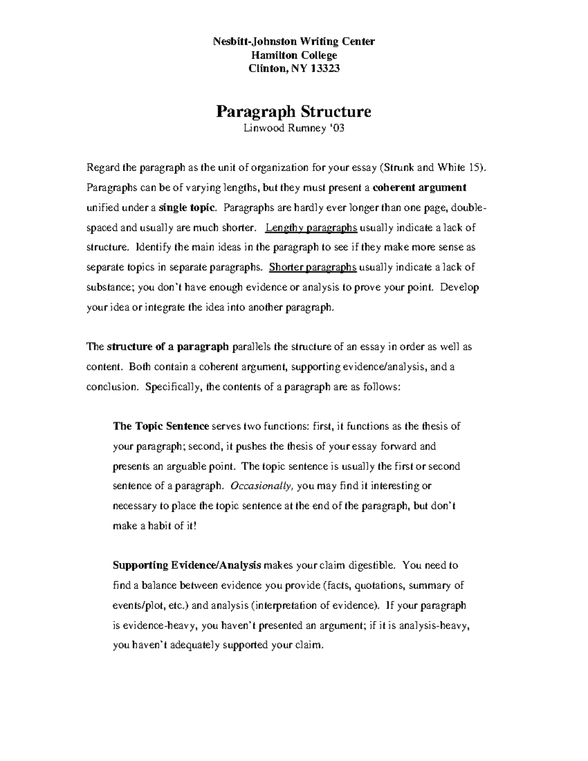 Paragraph Structure - Nesbitt-Johnston Writing Center Hamilton College ...