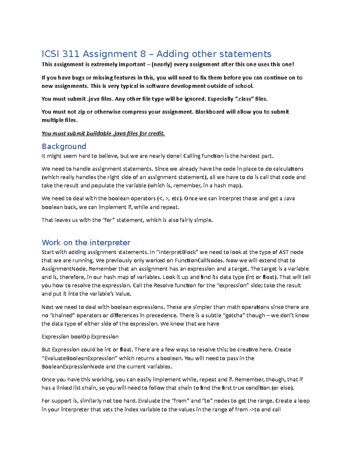 8 - Adding Other Statements - ICSI 311 Assignment 8 – Adding other ...