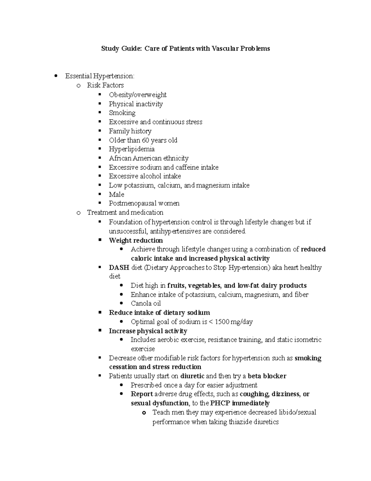 Study Guide Care Of Patients With Vascular Problems - NUR 329 - Studocu