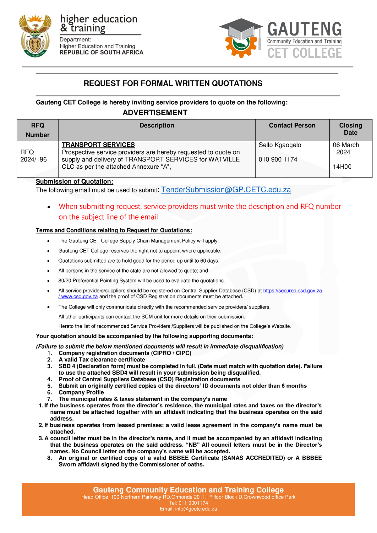 RFQ 2024.196, Watville CLC, Transport Services Gauteng Community