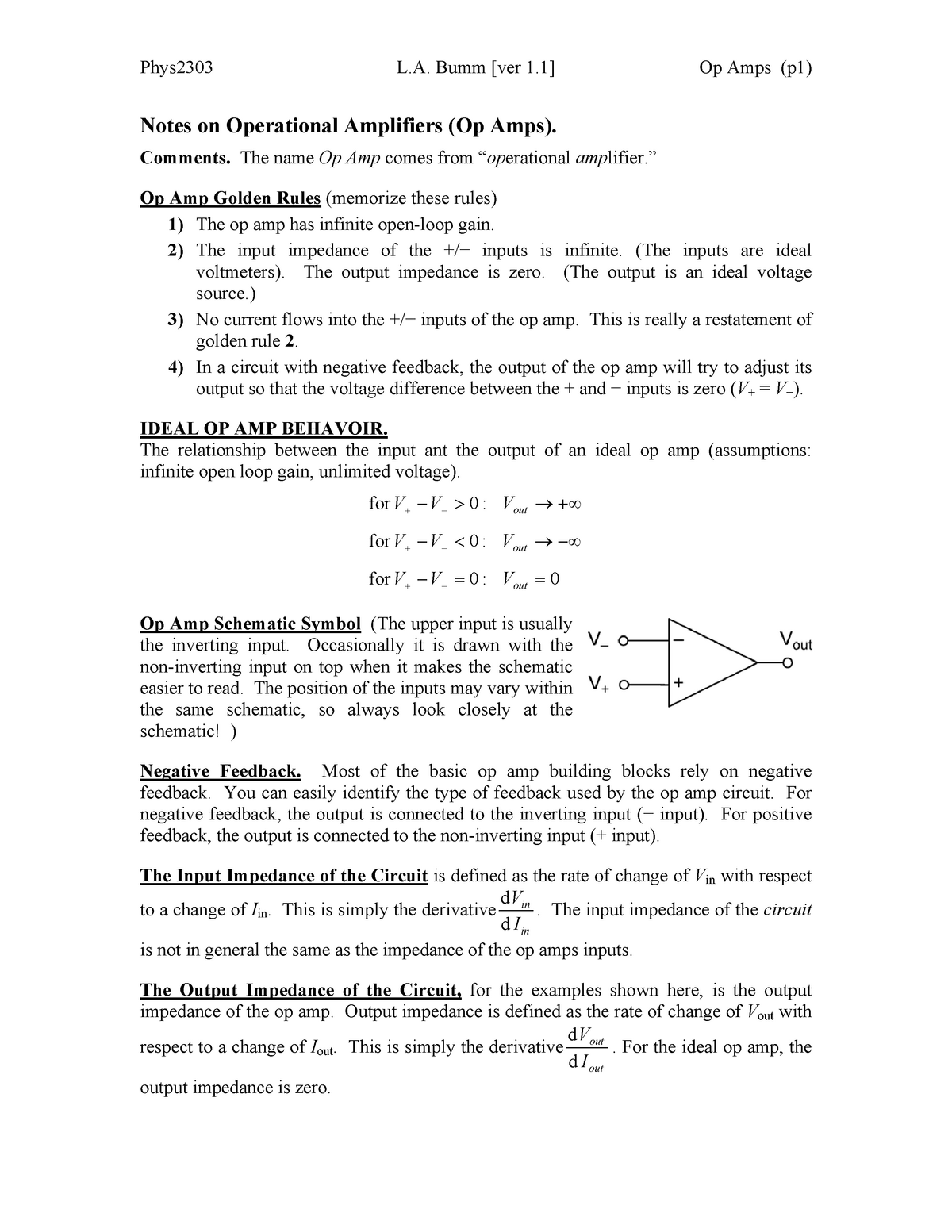 Op Amps V1 1 - Lecture Notes 23 - Notes On Operational Amplifiers (Op ...