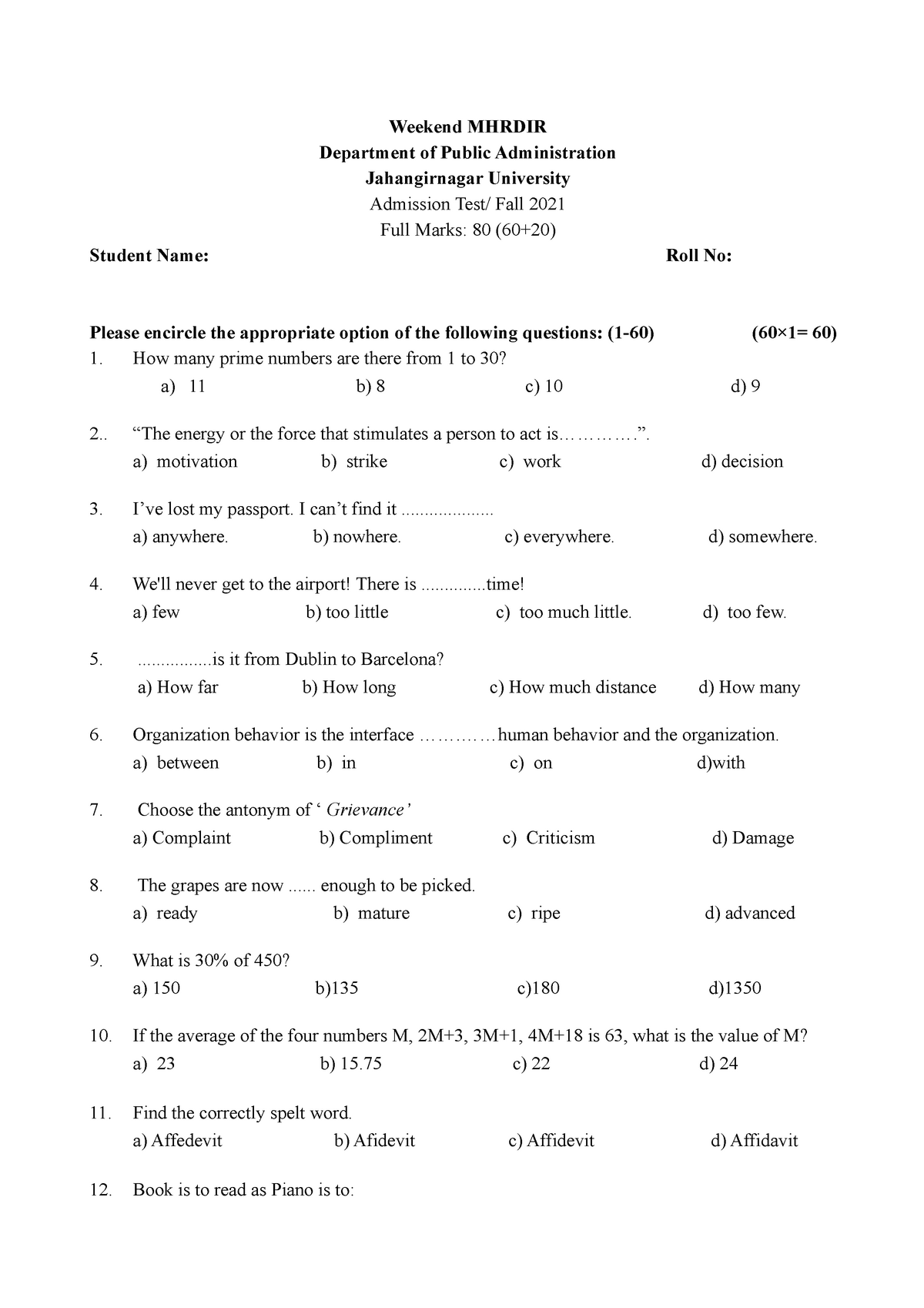 Admission Question Fall 2021 Weekend MHRDIR Department of Public