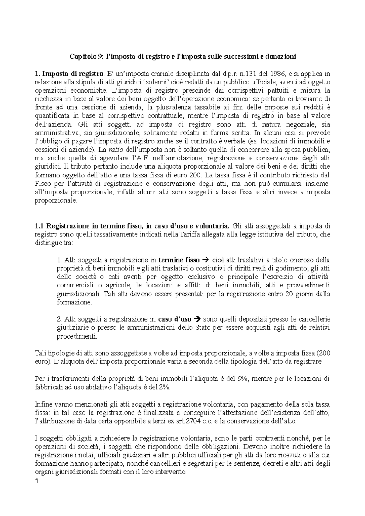 imposta di registro e imposta sulle successioni e donazioni, cap 9 Capitolo 9 l’imposta di