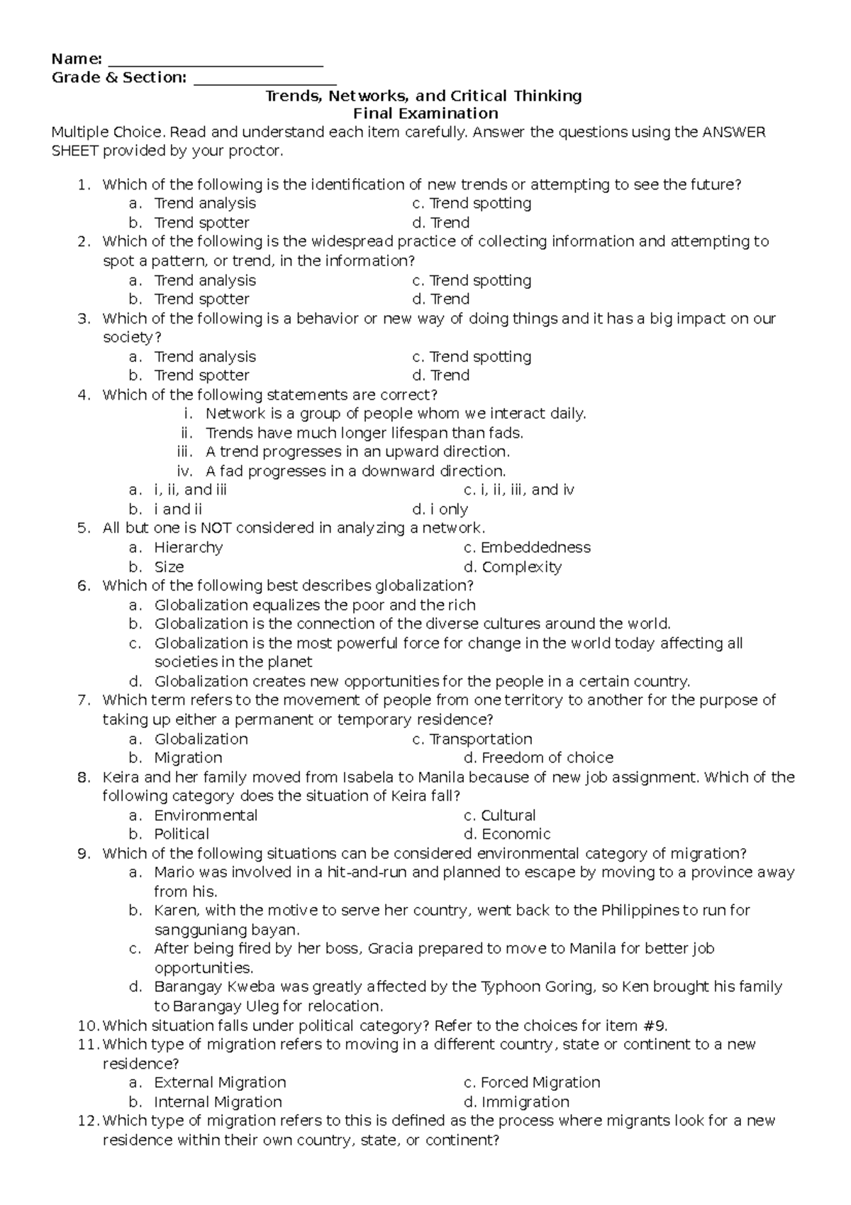 433724765 Trends Networks and Critical Thinking Final Exam - Name