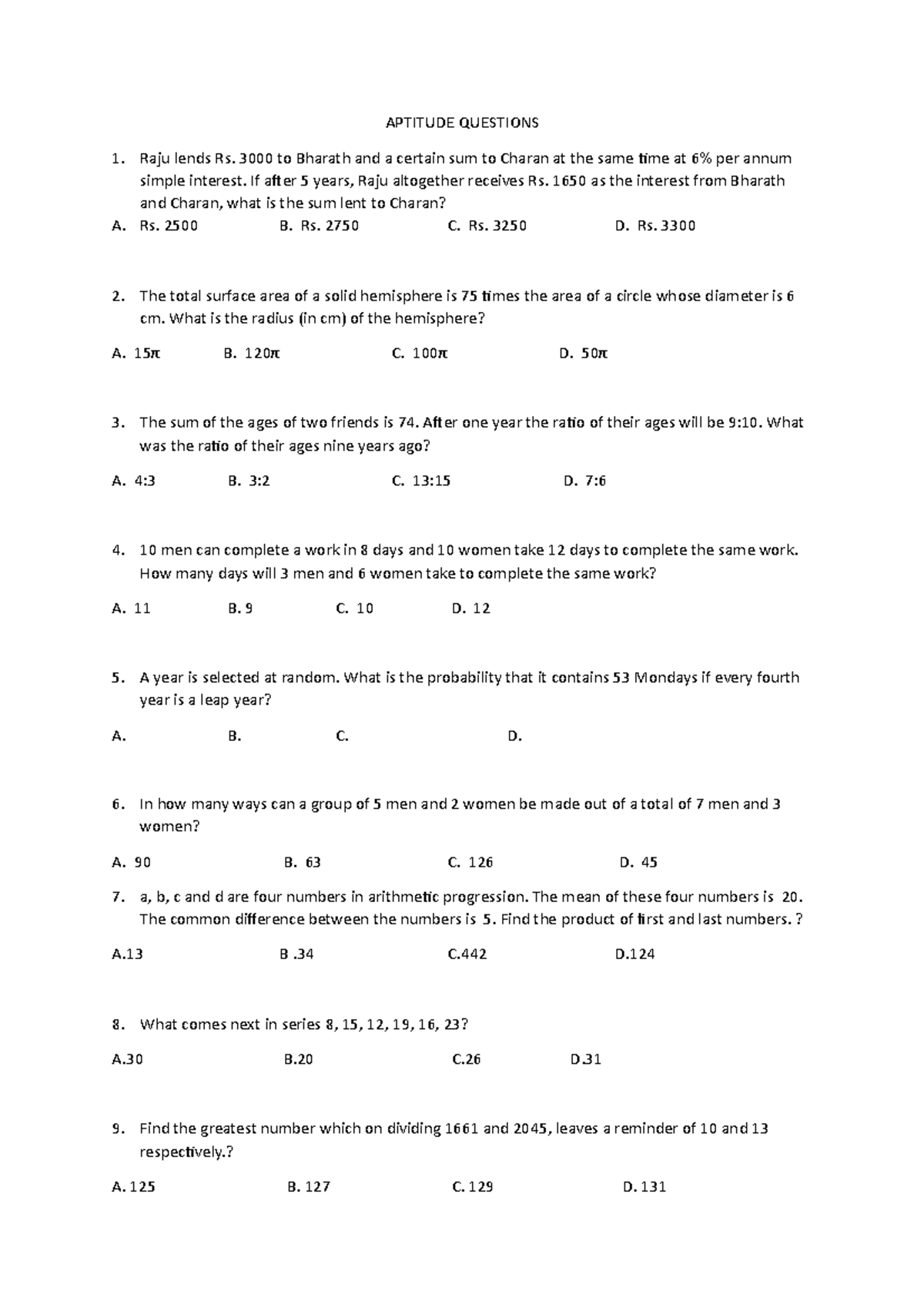 Aptitude Questions for practicing - APTITUDE QUESTIONS Raju lends Rs ...