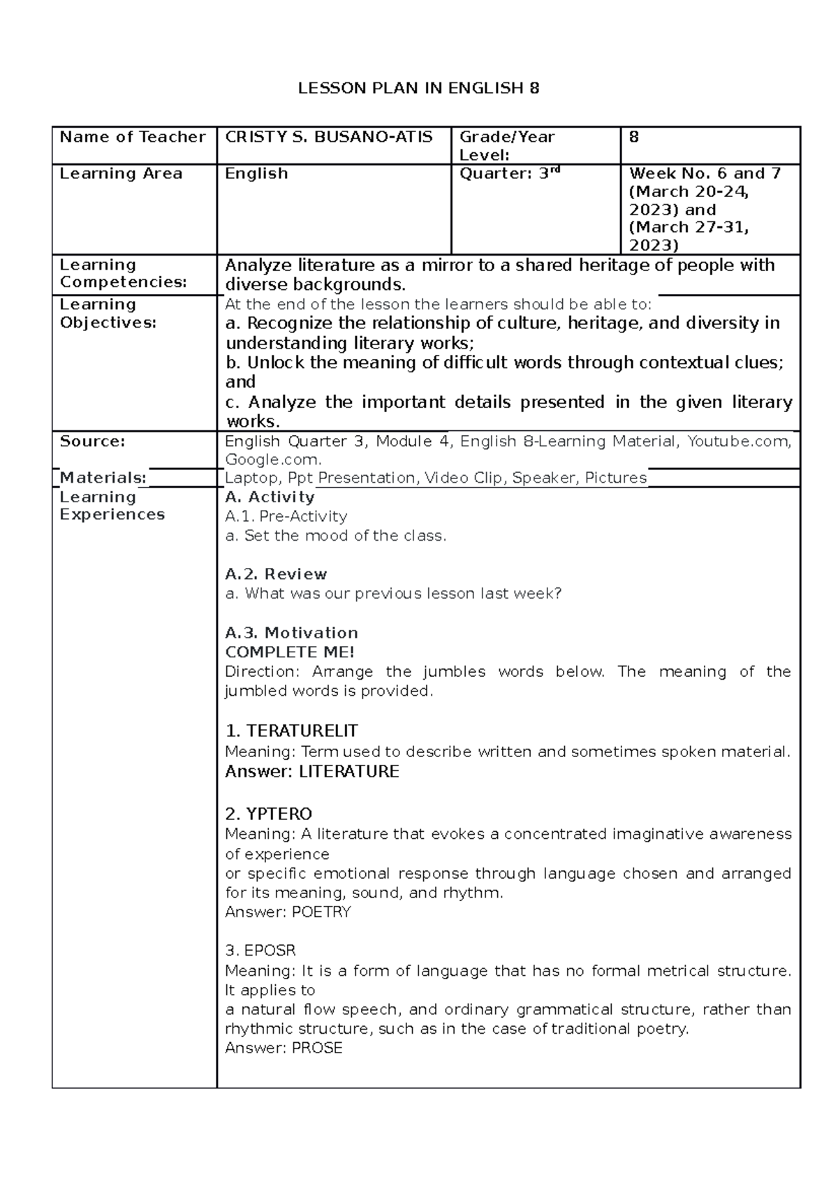 Lesson PLAN IN English 8-Literature - LESSON PLAN IN ENGLISH 8 Name of ...