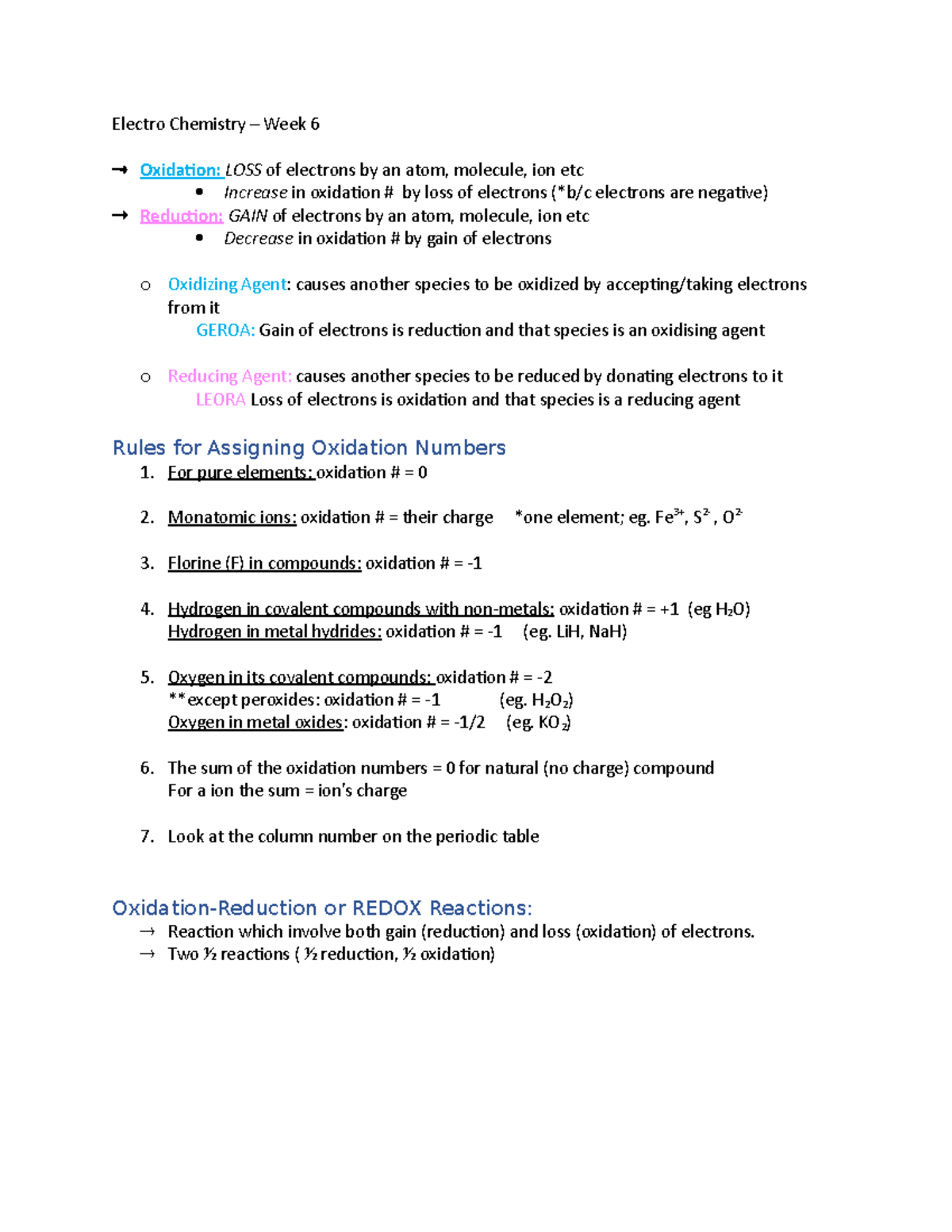 Electro Chemistry- Chem 1050 - Electro Chemistry – Week 6 Oxidation ...