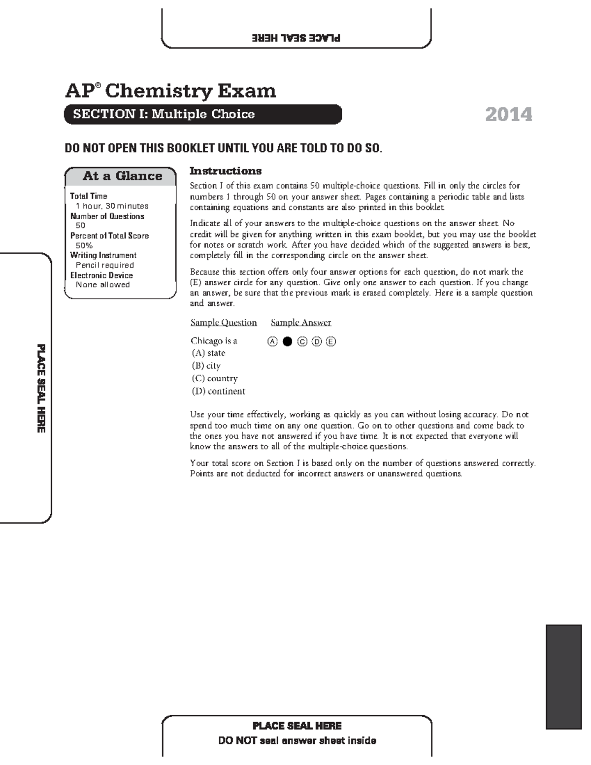 AP Chemistry 2014 Test xasdfasdfasdf At a Glance Total Time 1 hour