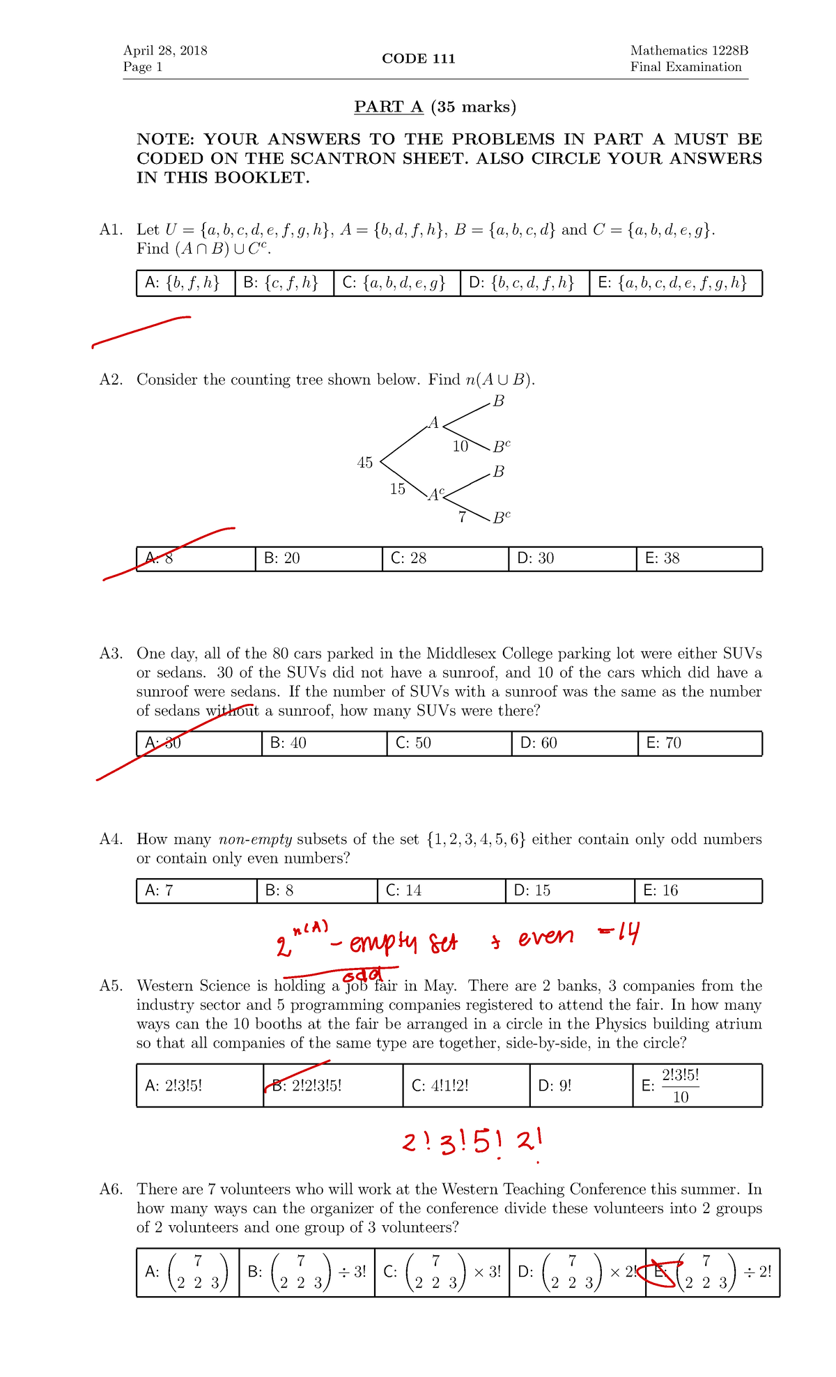 Practice Exam 3 - April 28, 2018 Page 1 CODE 111 Mathematics 1228B ...