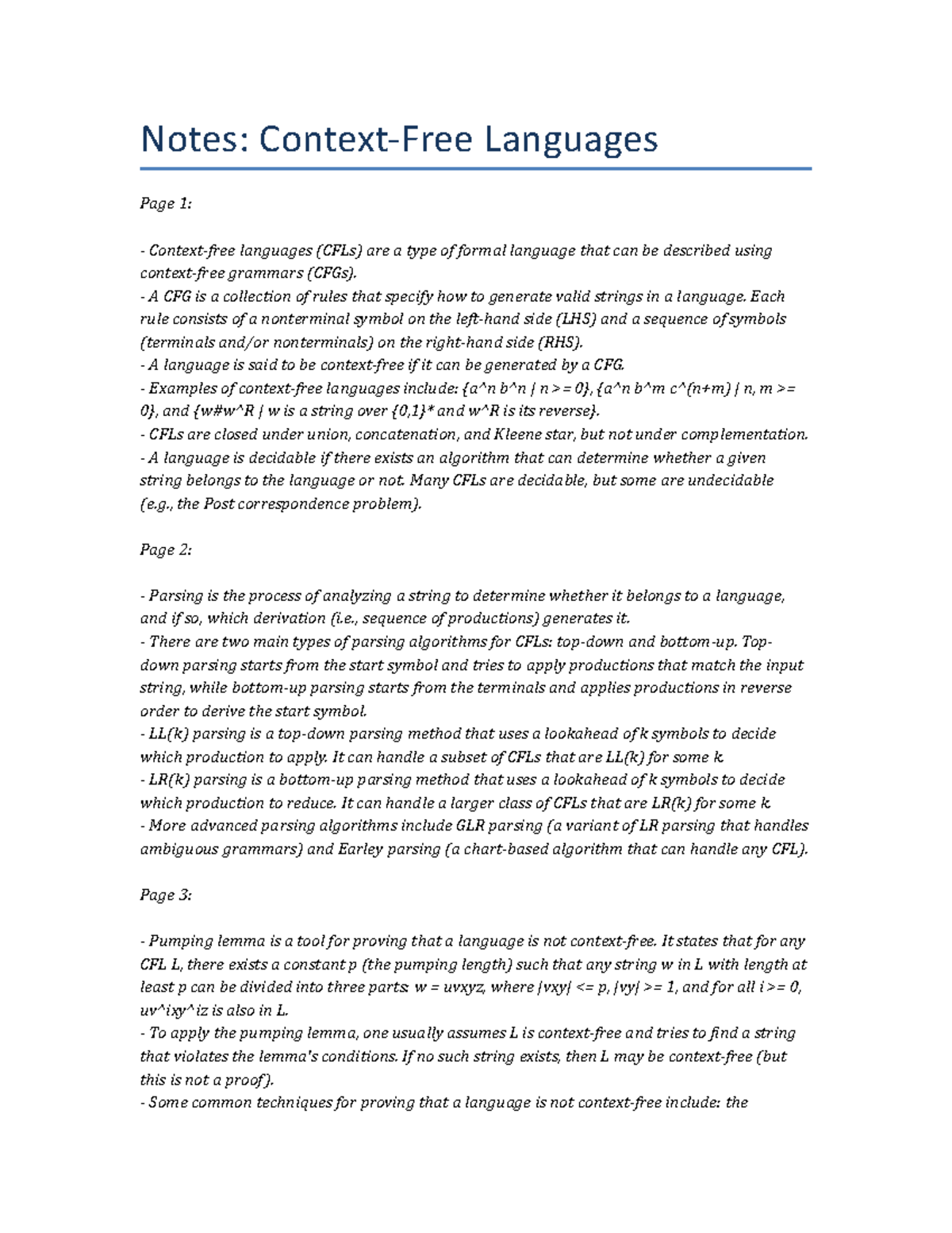 Lecture Notes - Context-Free Languages. - Notes: Context-Free Languages ...