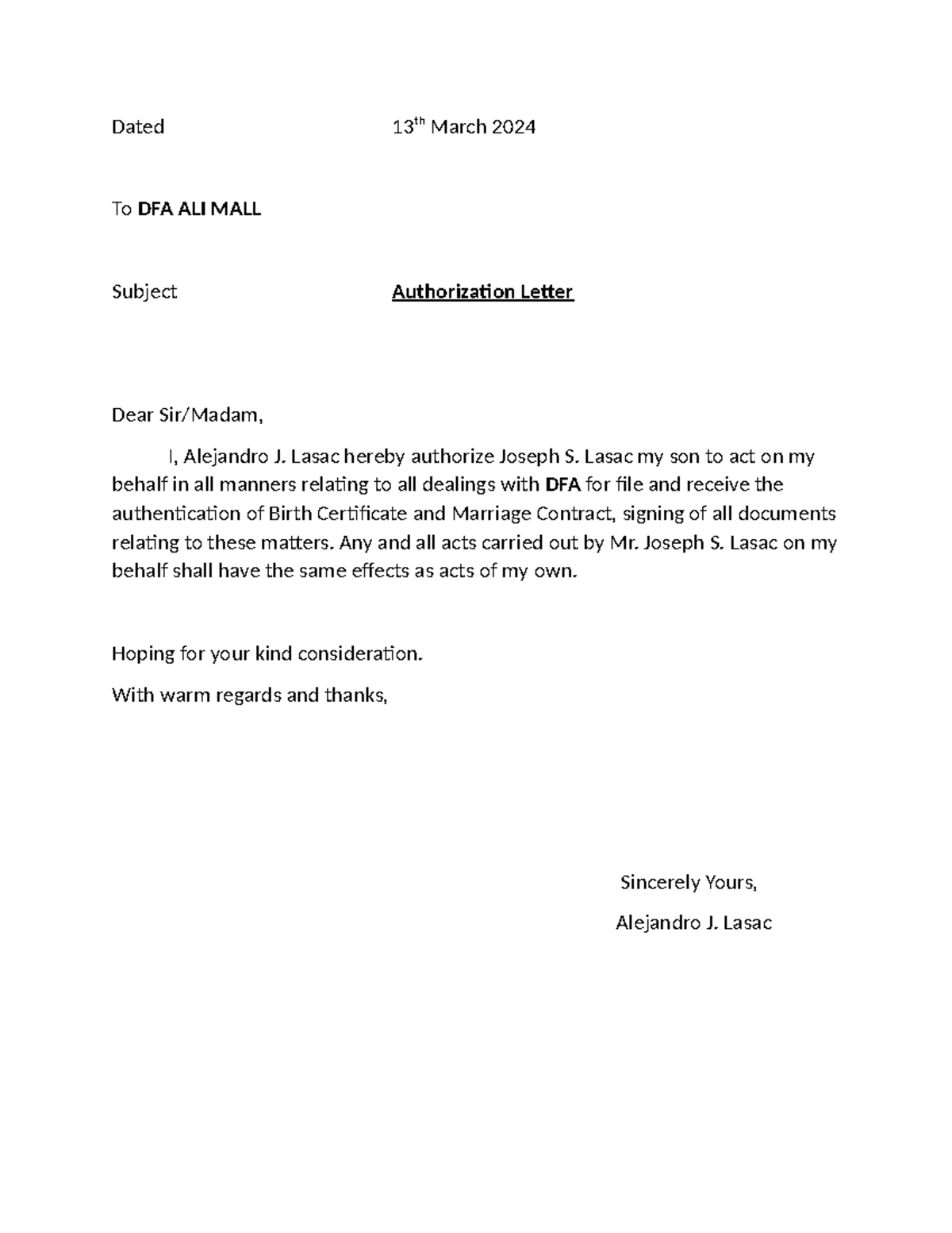 Authorization Letter - Dated 13 th March 2024 To DFA ALI MALL Subject ...