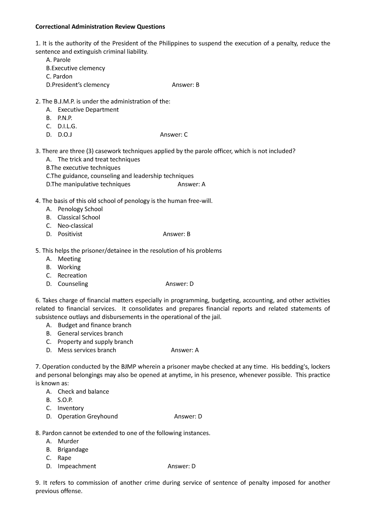 Correctional Administration Review Questions - A. Parole B Clemency C ...