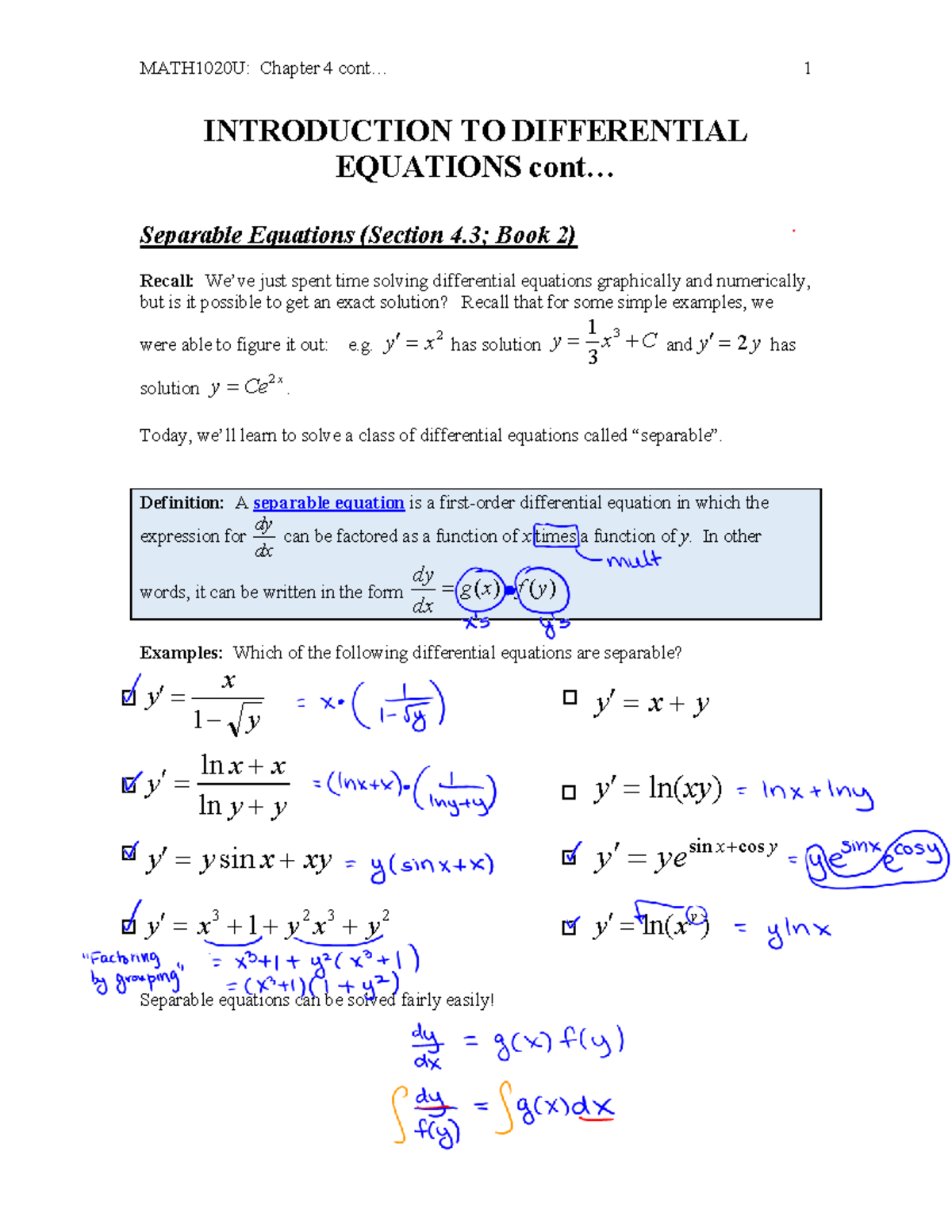 Calc lecture INTRODUCTION TO DIFFERENTIAL EQUATIONS cont... Separable