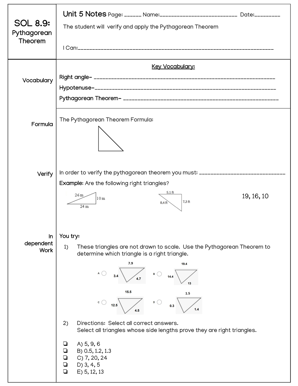 Colton Reich - Pythagorean Theorem- Student Notes - Key Vocabulary ...