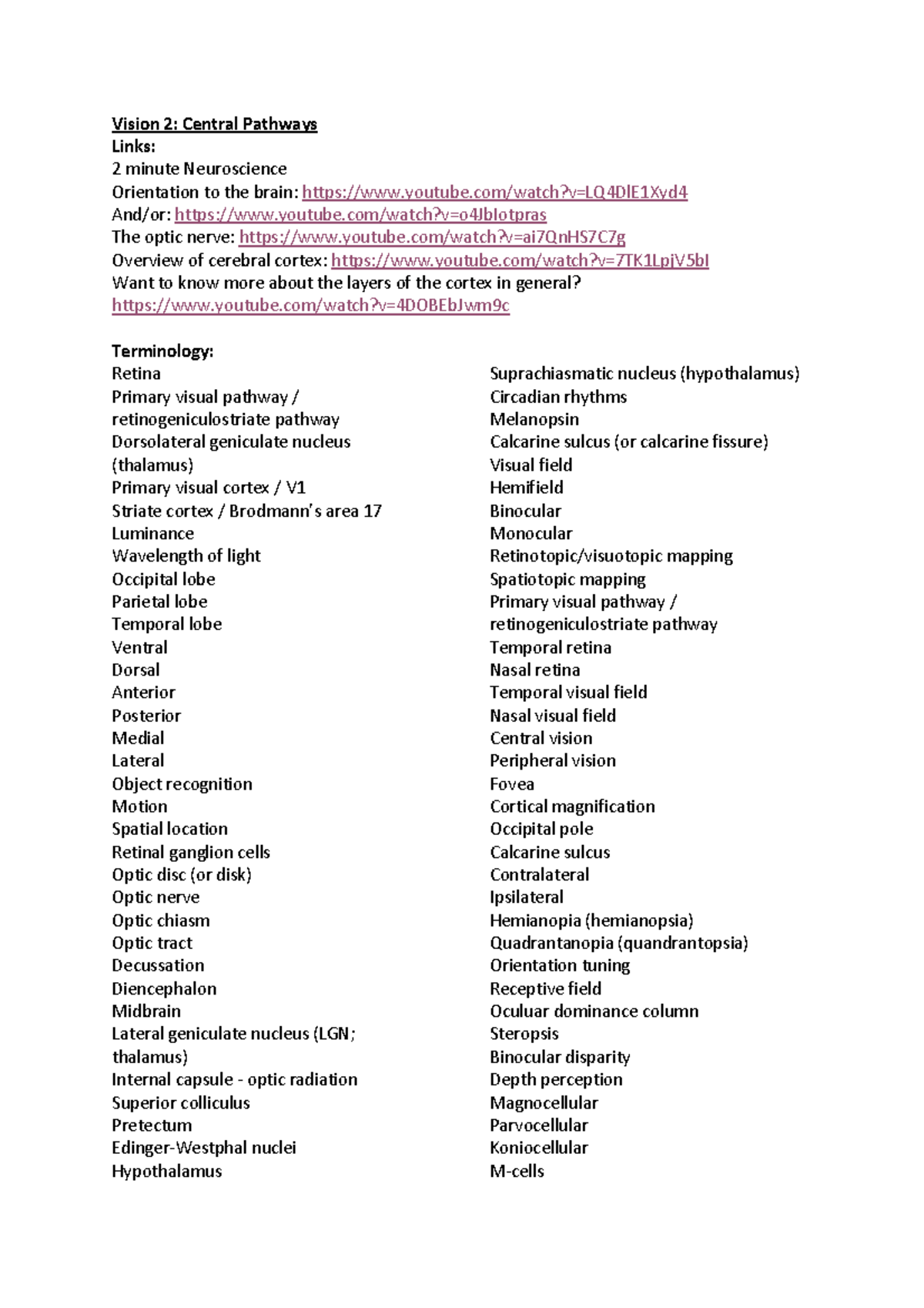 Terminology and links used in Vision 2 lecture - Vision 2: Central ...