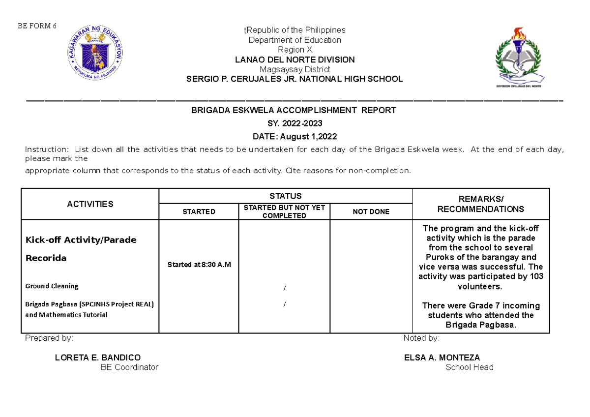 Daily accomplishment report - tRepublic of the Philippines Department ...