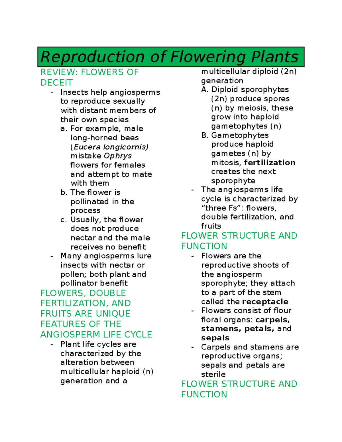 Reproduction of Flowering Plants Notes - Reproduction of Flowering ...