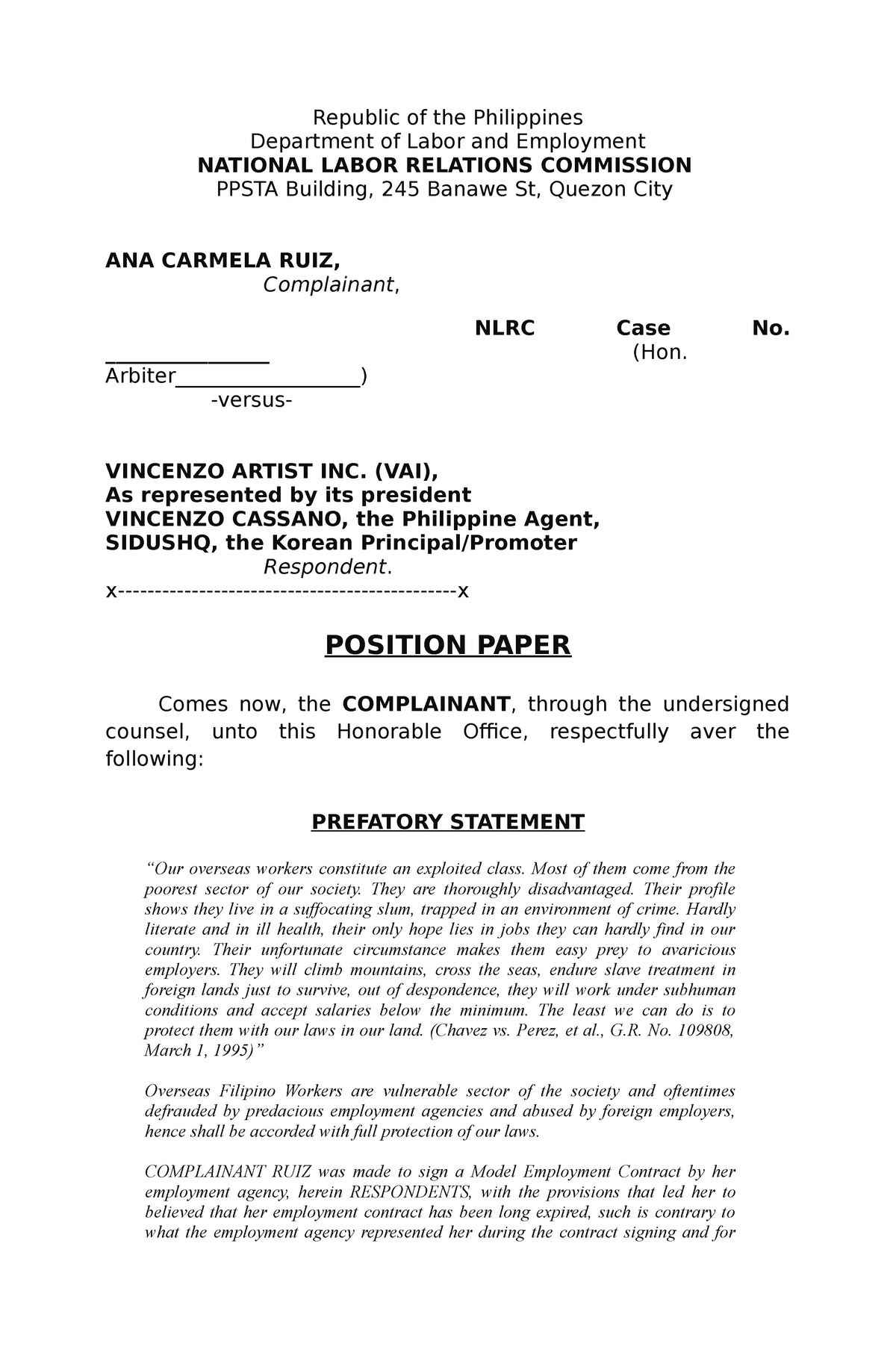 Position Paper For NLRC Republic Of The Philippines Department Of 