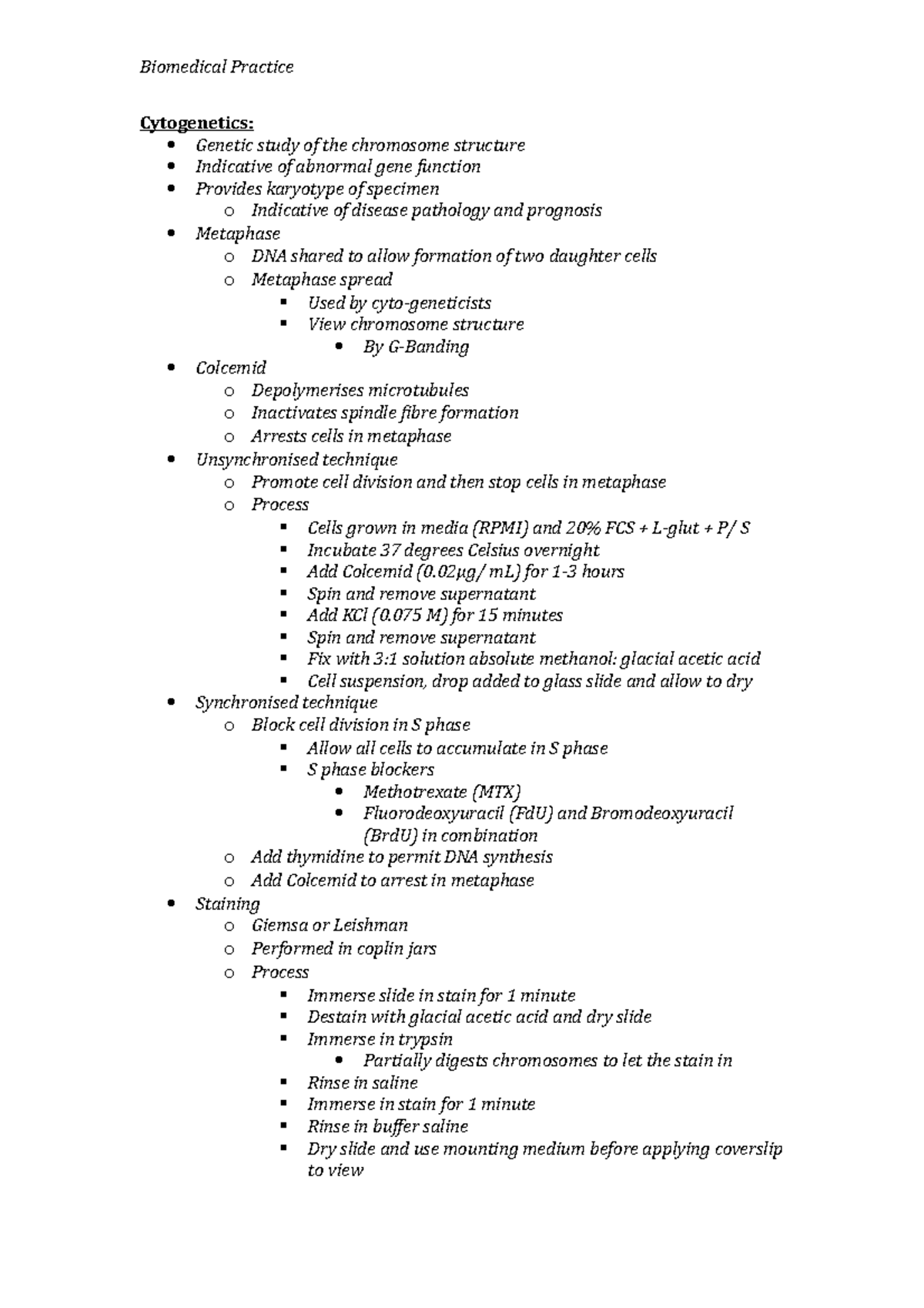 Cytogenetics Lecture Notes - Biomedical Practice Cytogenetics: Genetic ...