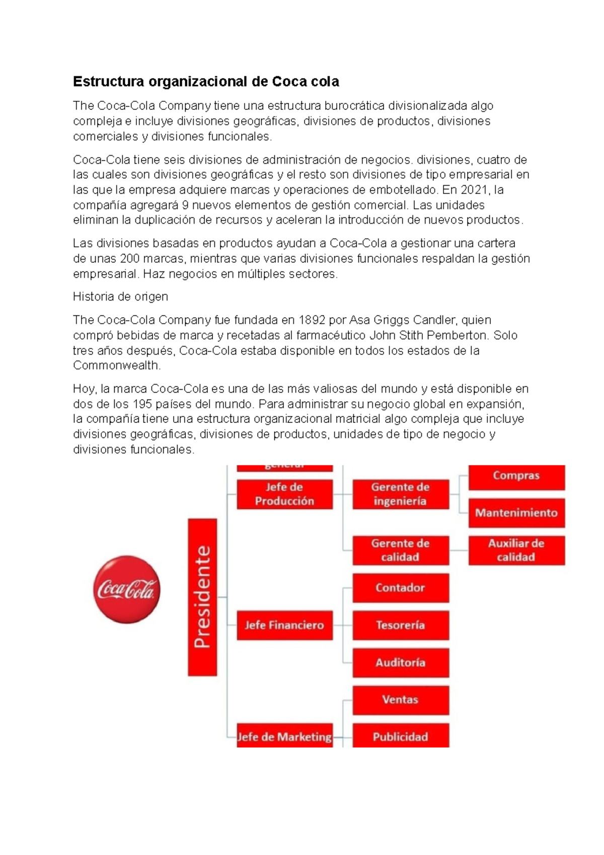 Organigrama Y Estructura Organizacional Coca Cola Equipo 6 Docx