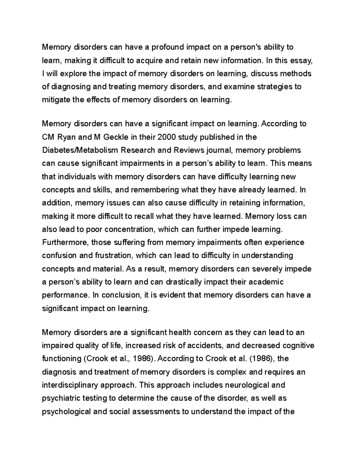 Learning and Memory Memory disorders - Memory disorders can have a ...