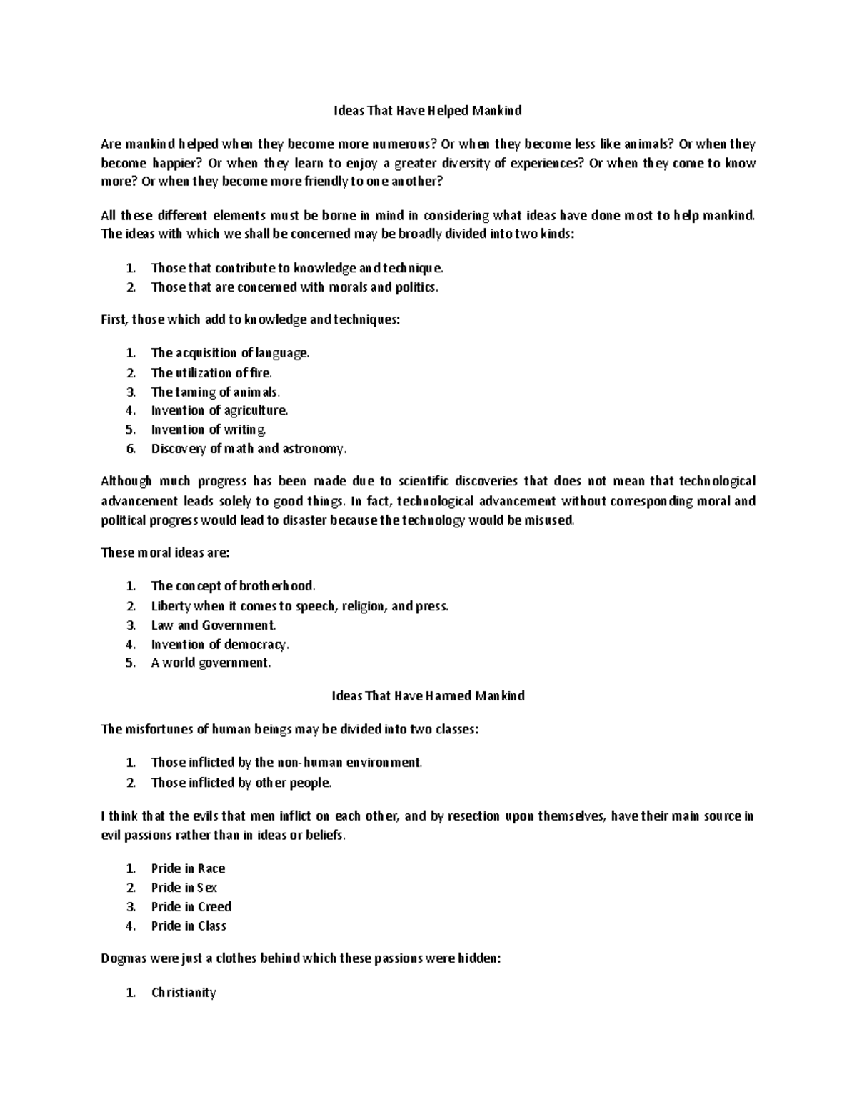 Bertrand Russel Lecture notes 2 Ideas That Have Helped Mankind Are