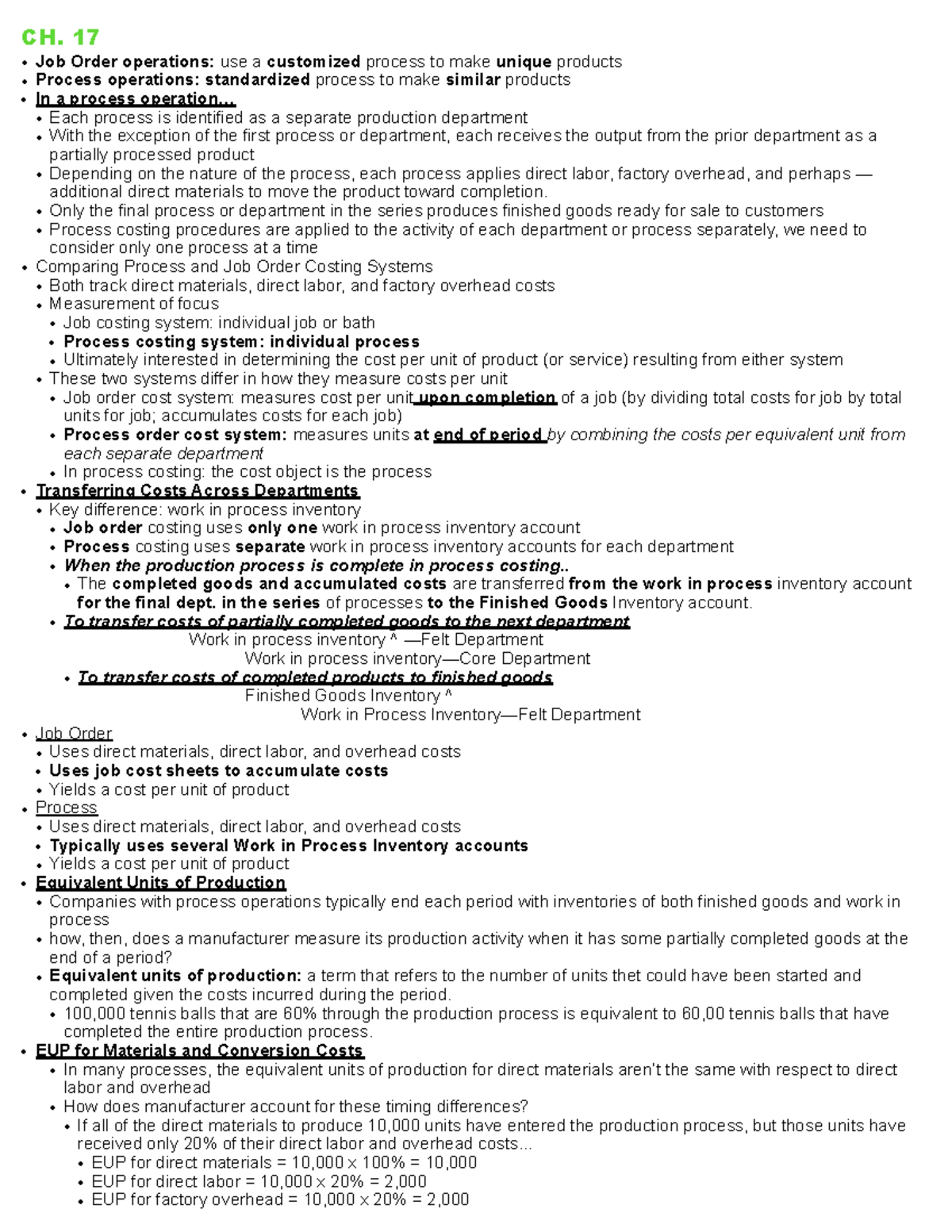 Accy 202 chapter 17 - ch 17 notes - CH. 17 • Job Order operations: use ...