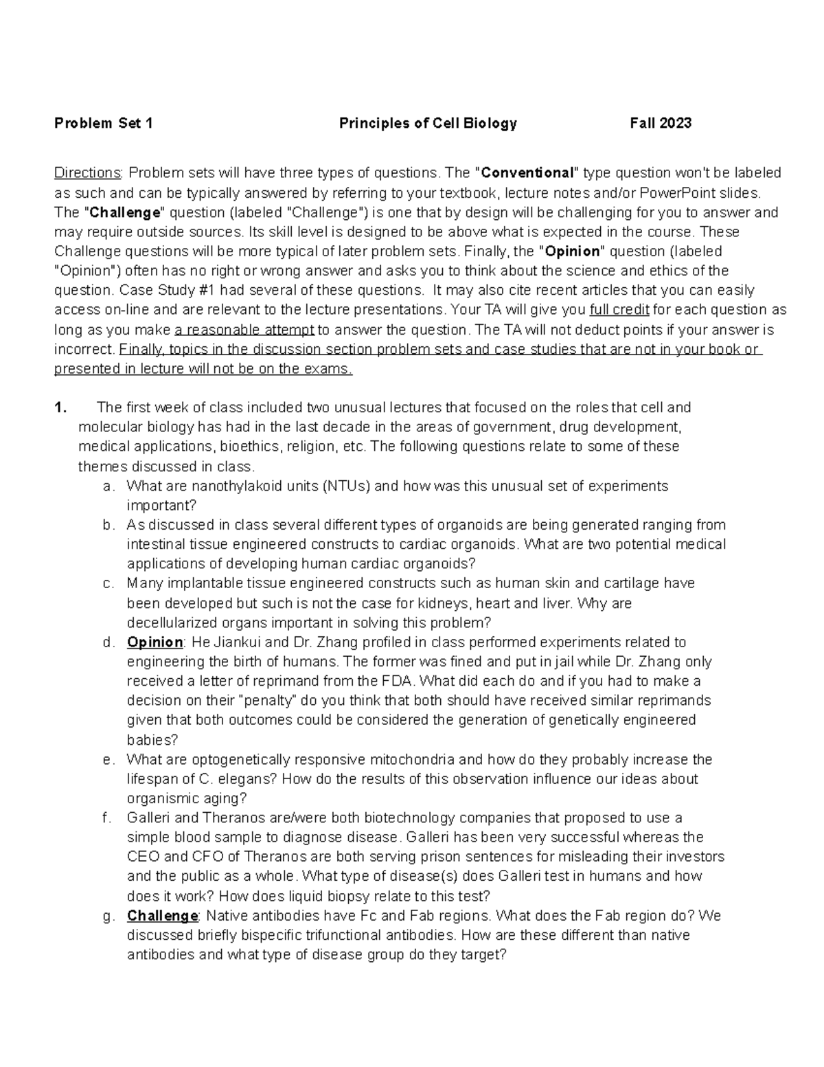 Problem Set 1 Fall 2023 - Problem Set 1 Principles of Cell Biology Fall ...
